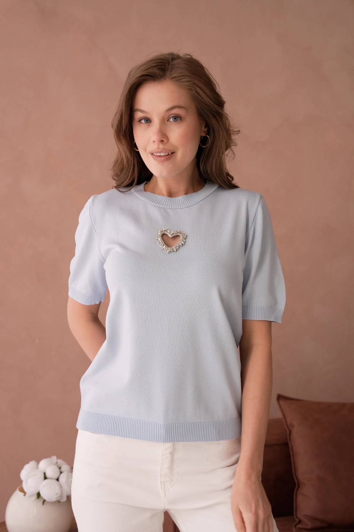 Taş Aksesuar Detaylı Kısa Kol Merserize Kazak