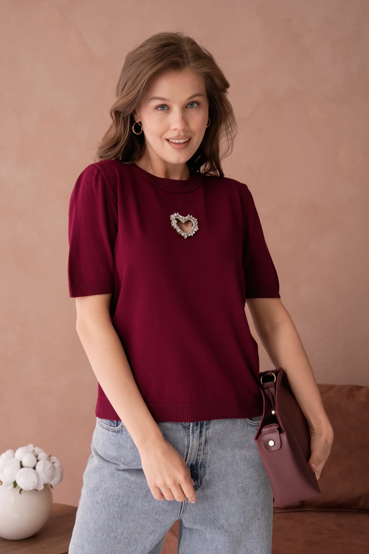 Taş Aksesuar Detaylı Kısa Kol Merserize Kazak