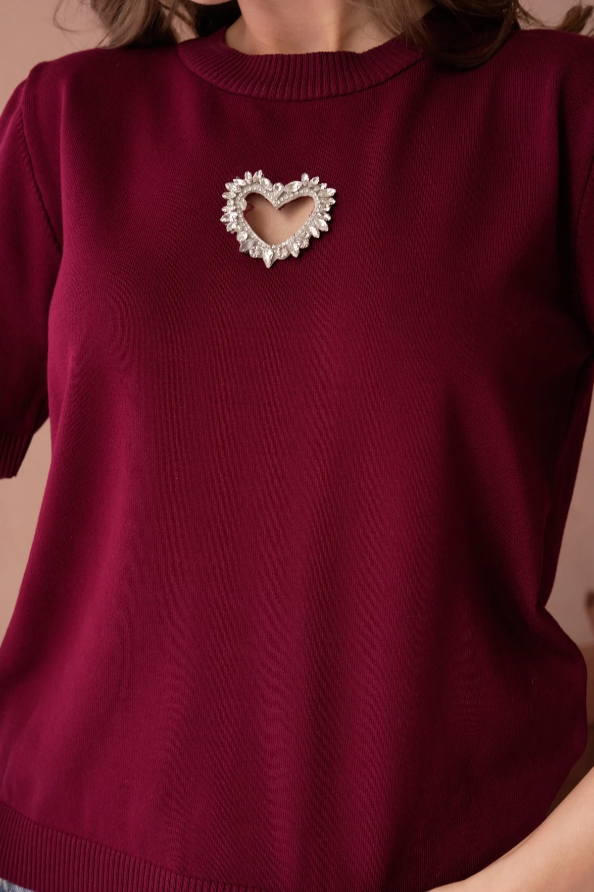 Taş Aksesuar Detaylı Kısa Kol Merserize Kazak