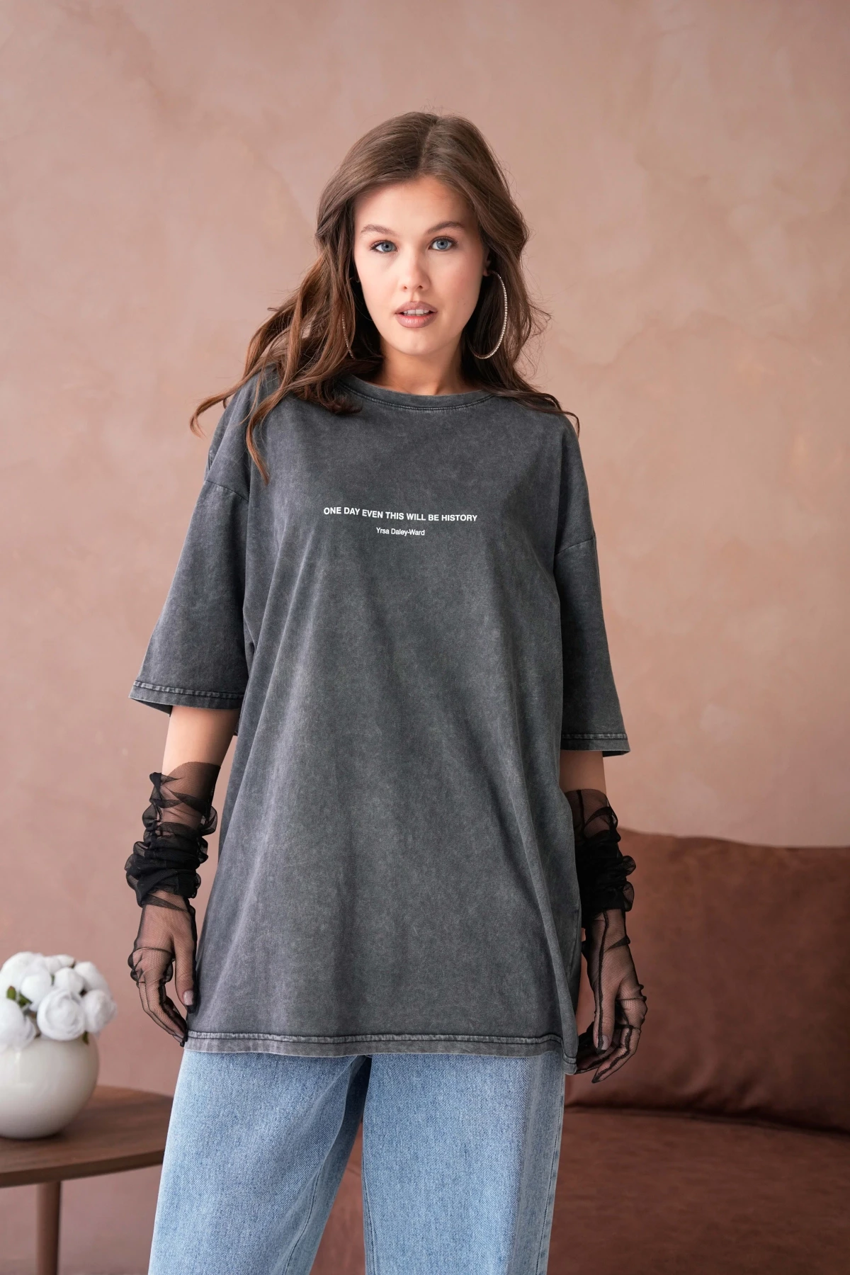 Yıkamalı Baskı Detay Salaş Basic T-Shirt