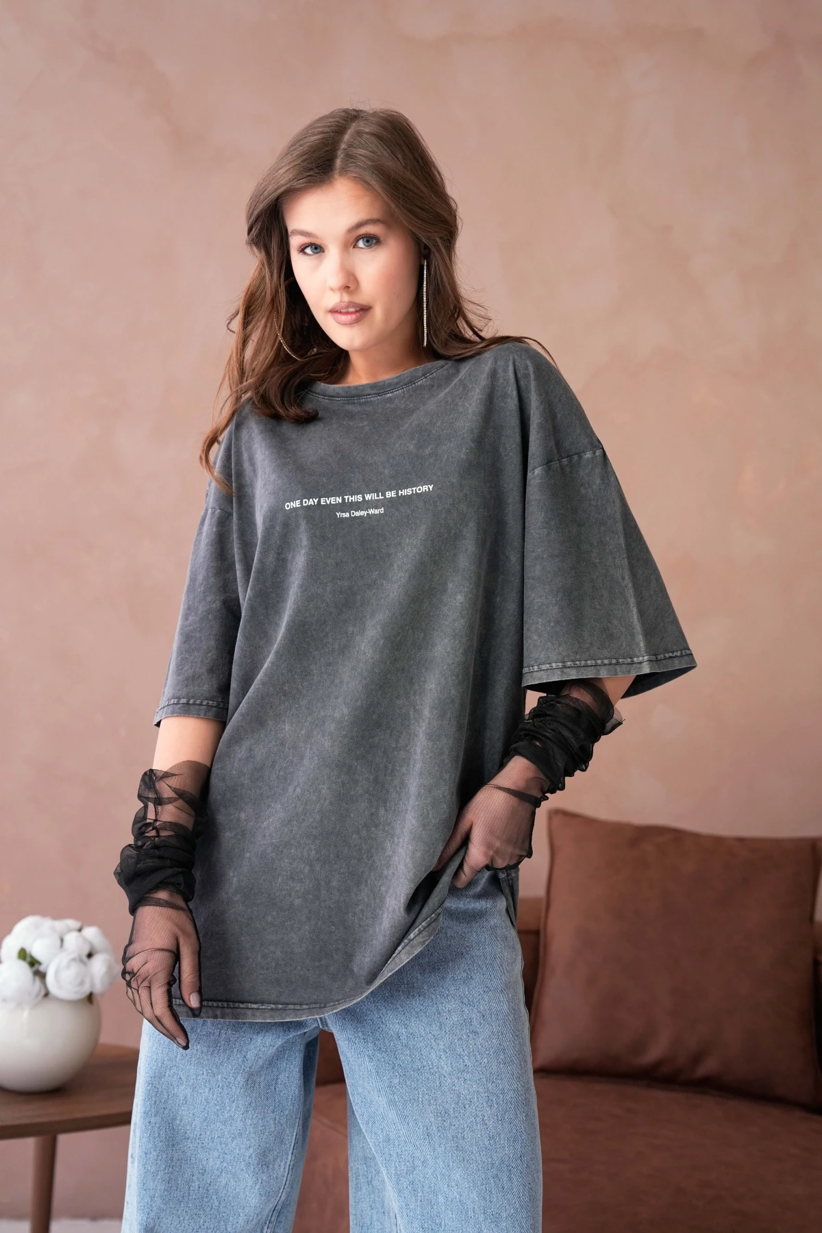 Yıkamalı Baskı Detay Salaş Basic T-Shirt