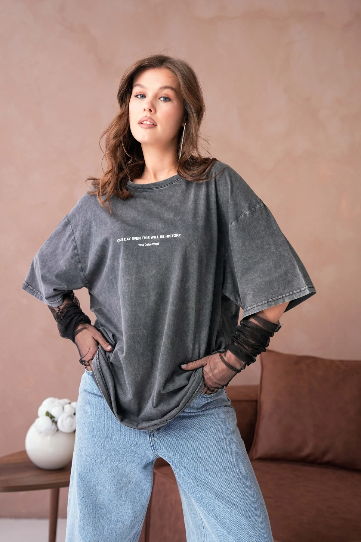 Yıkamalı Baskı Detay Salaş Basic T-Shirt