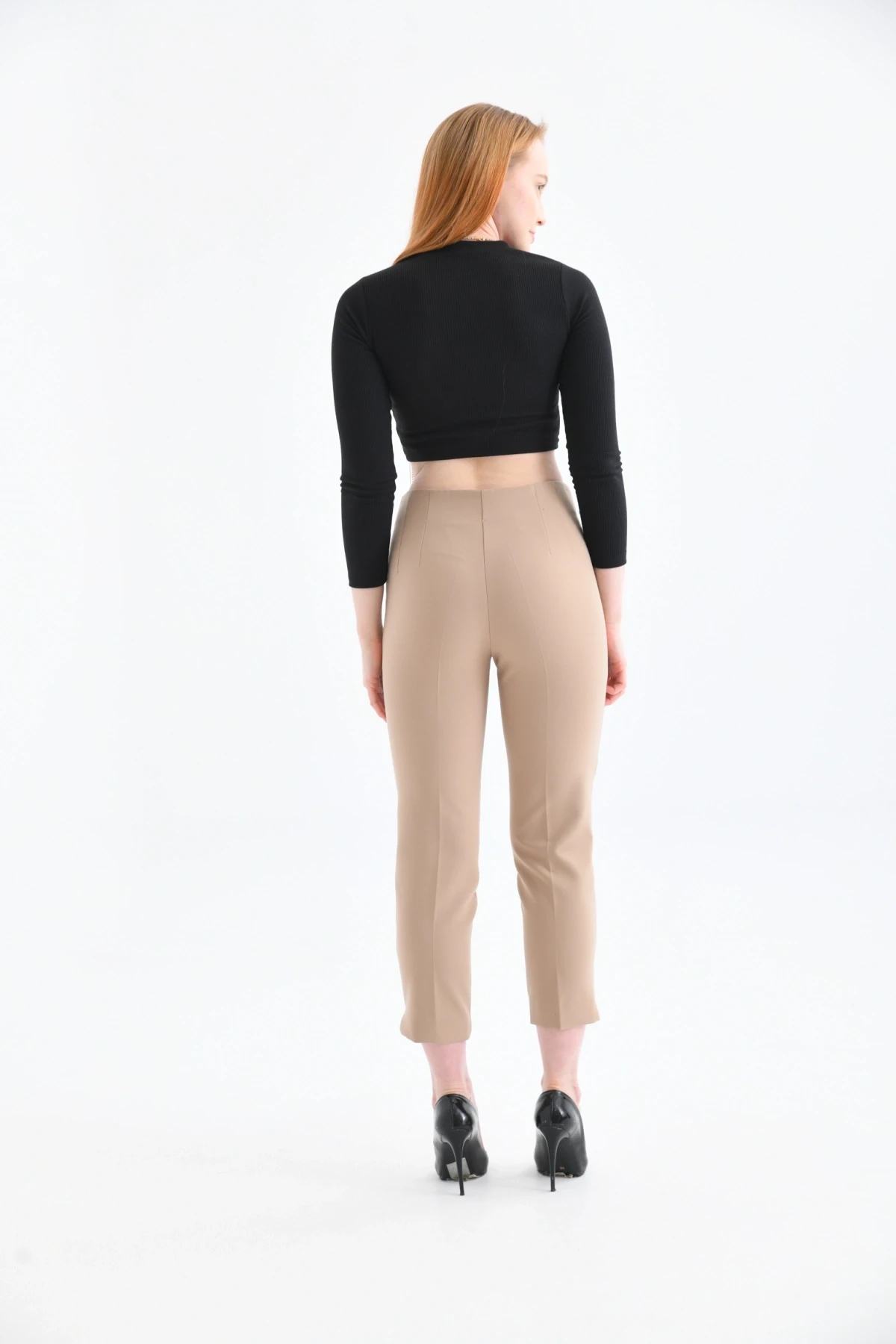 Womens Camel Pleated Slit Trousers