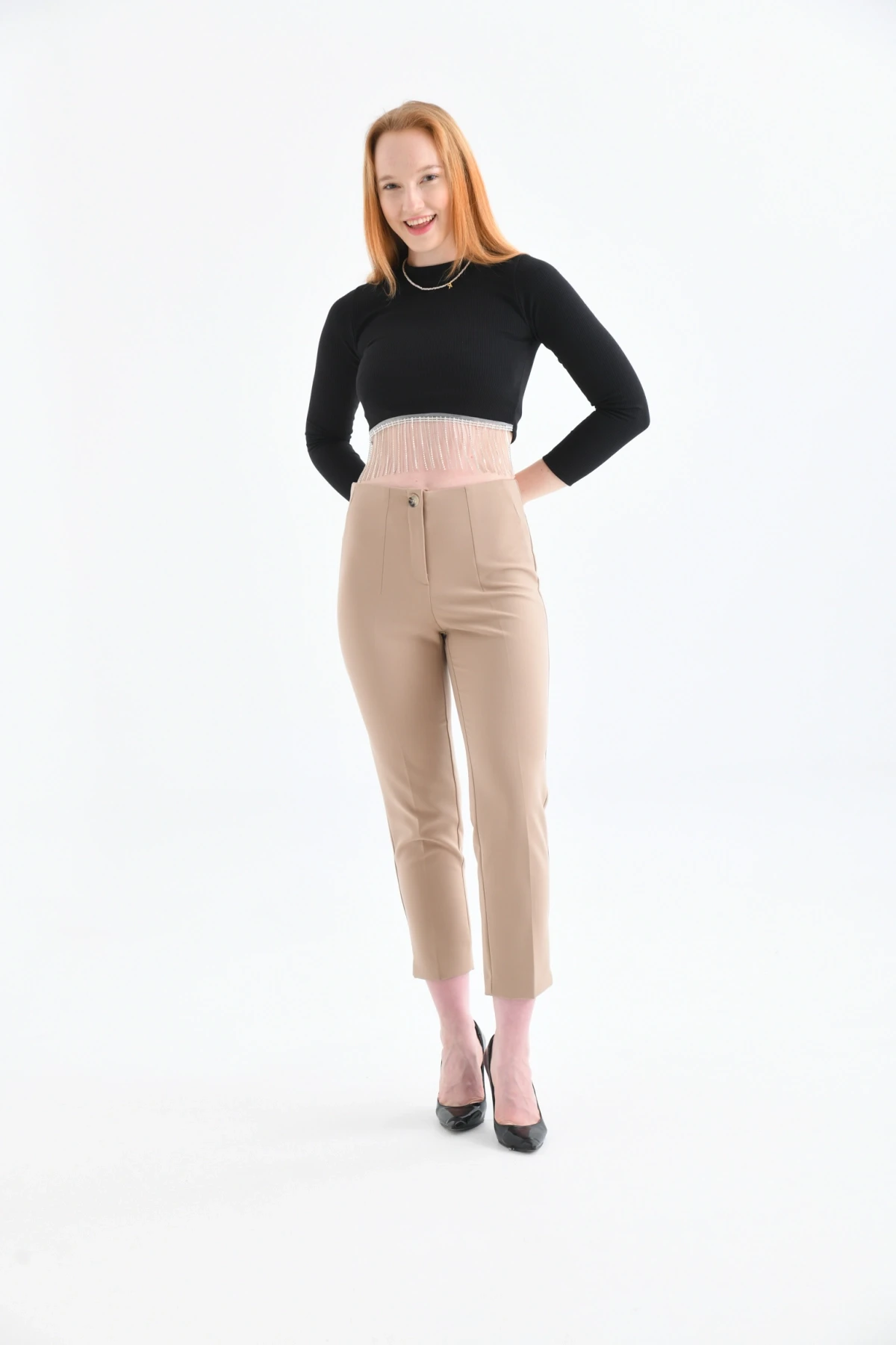 Womens Camel Pleated Slit Trousers