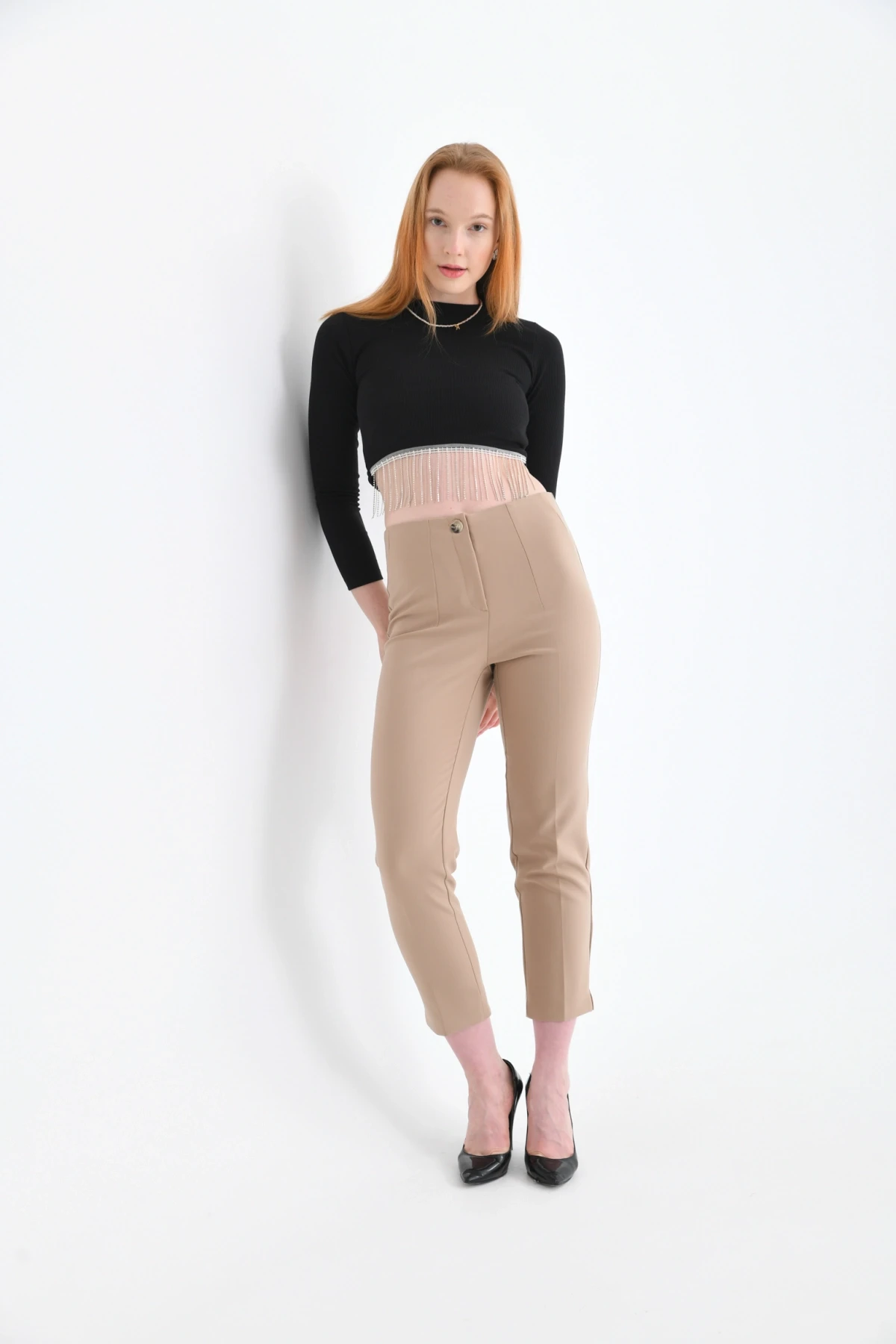 Womens Camel Pleated Slit Trousers