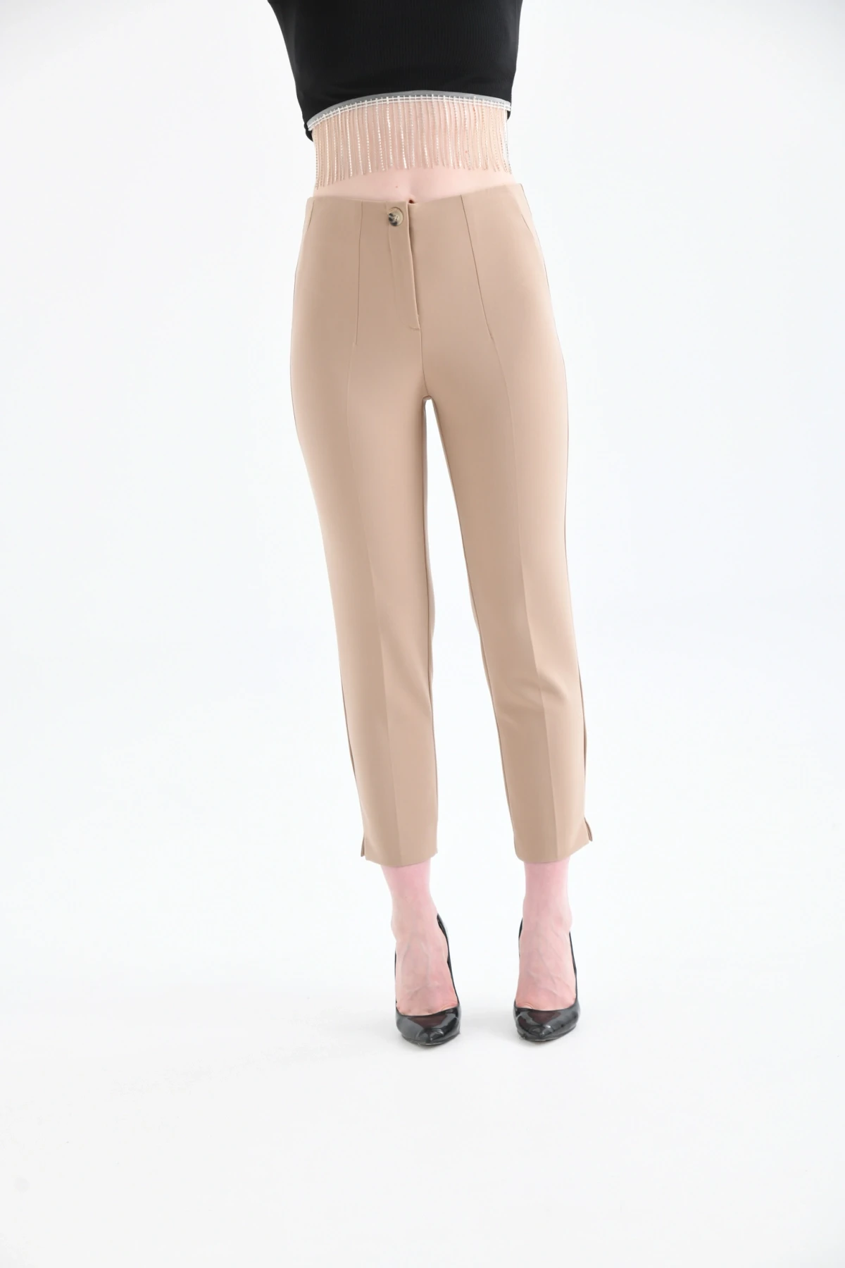 Womens Camel Pleated Slit Trousers
