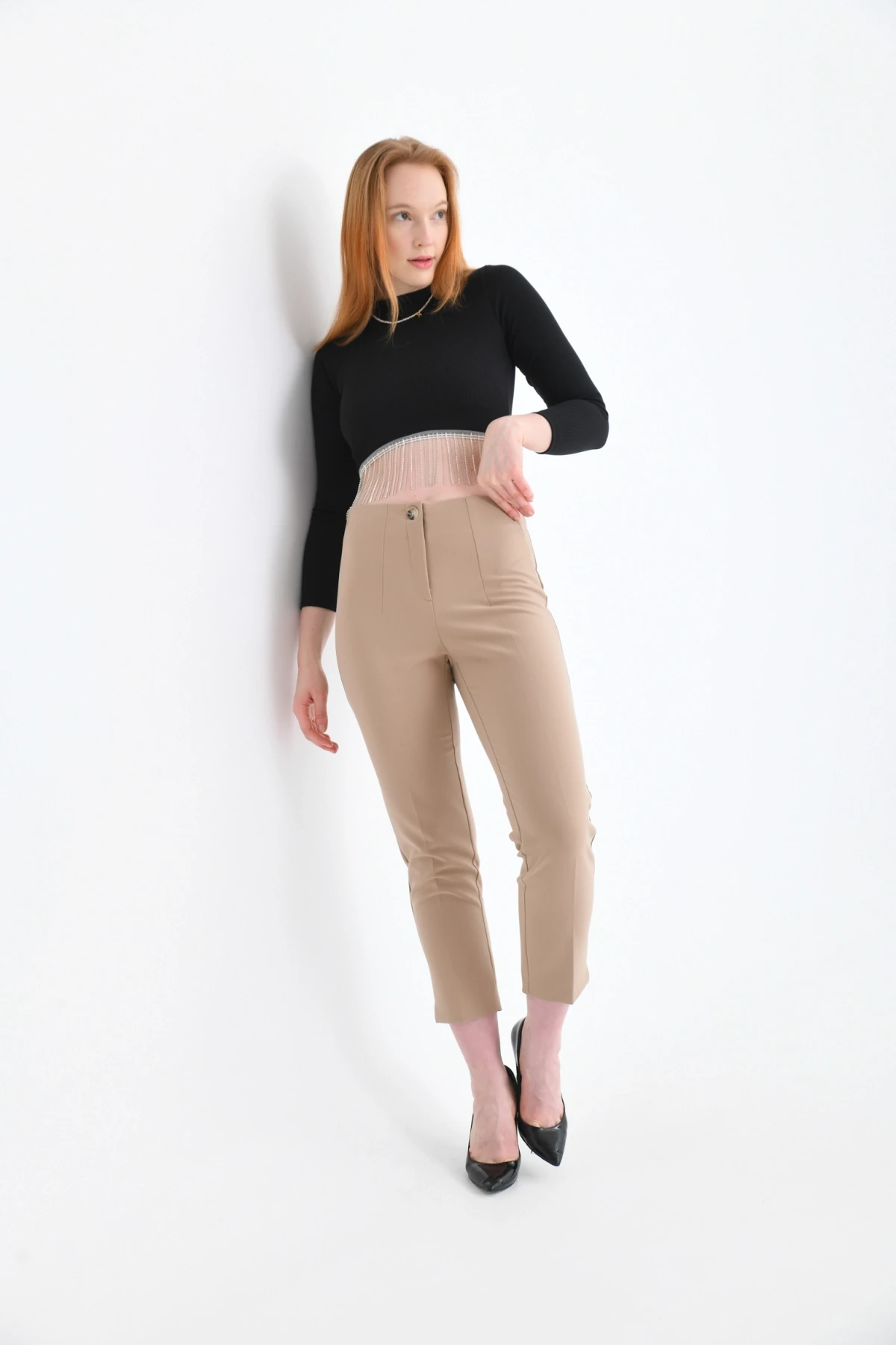 Womens Camel Pleated Slit Trousers