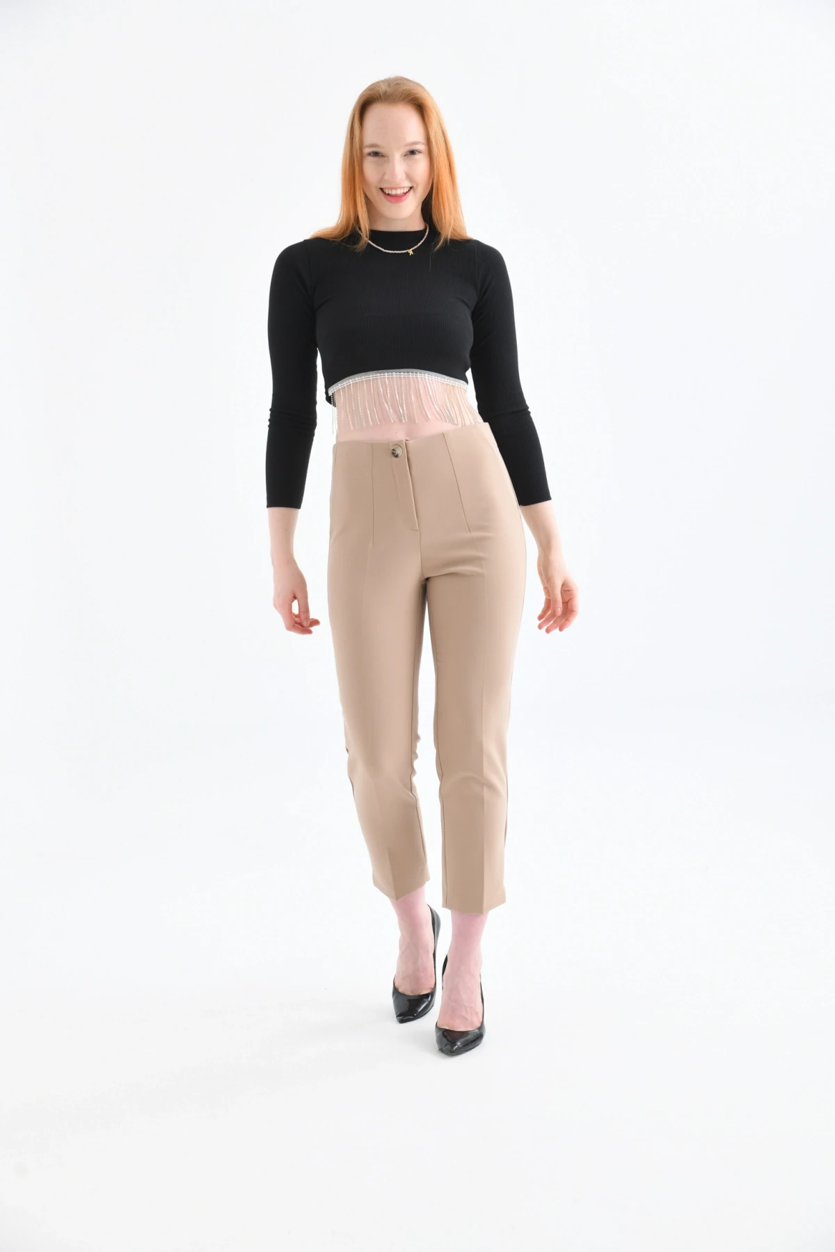 Womens Camel Pleated Slit Trousers