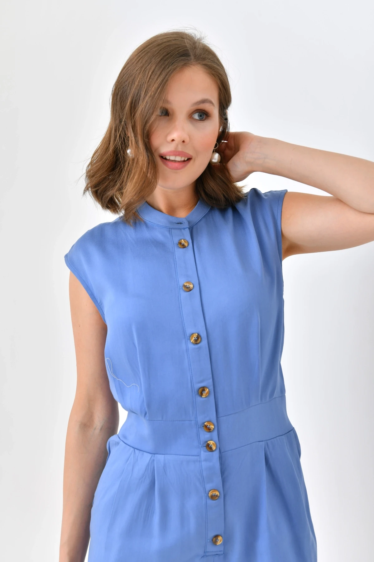 Kadın Düğme Detay Hakim Yaka Tulum