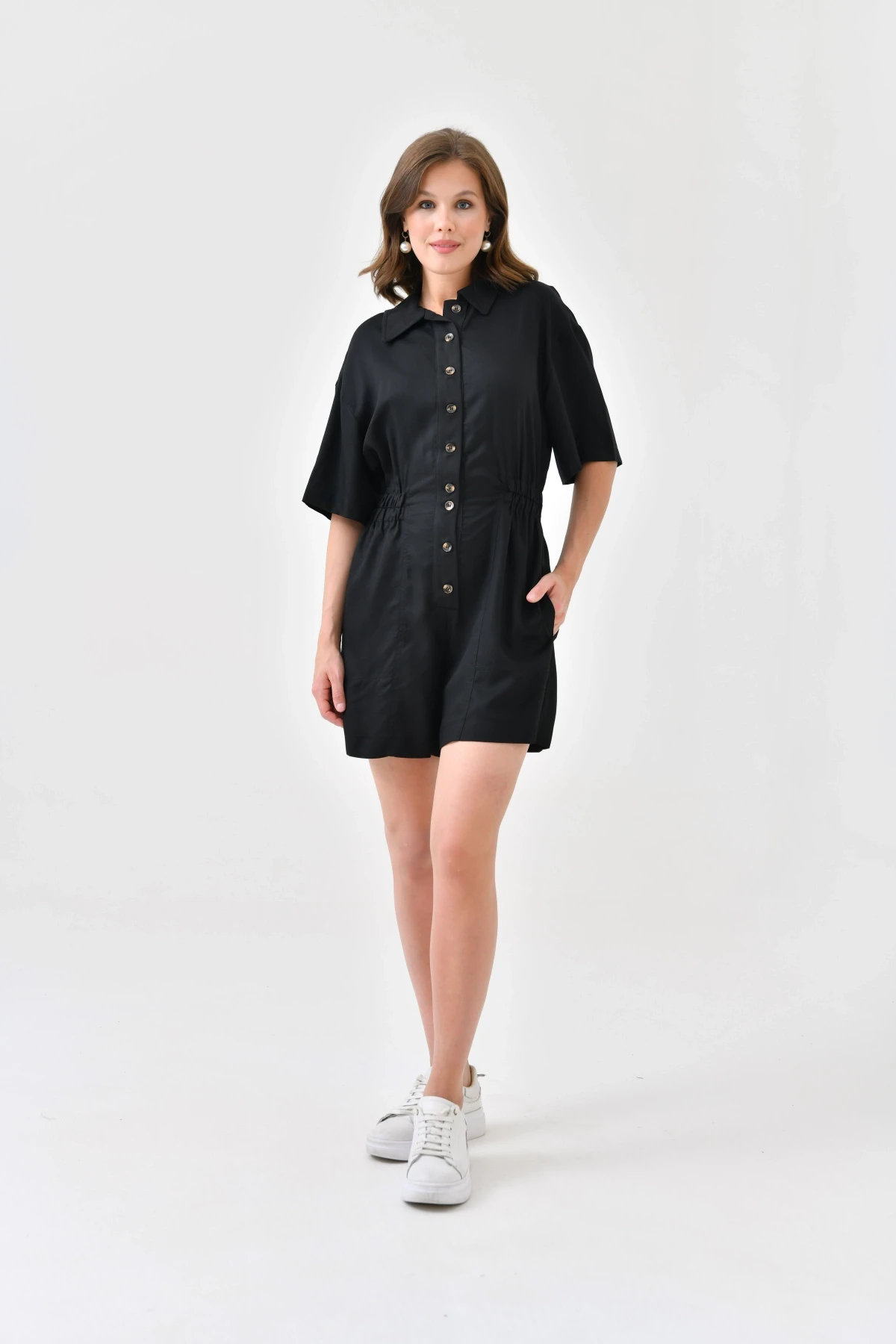 Kadın Düşük Kollu Bel Lastikli Düğme Detay Tencel Tulum