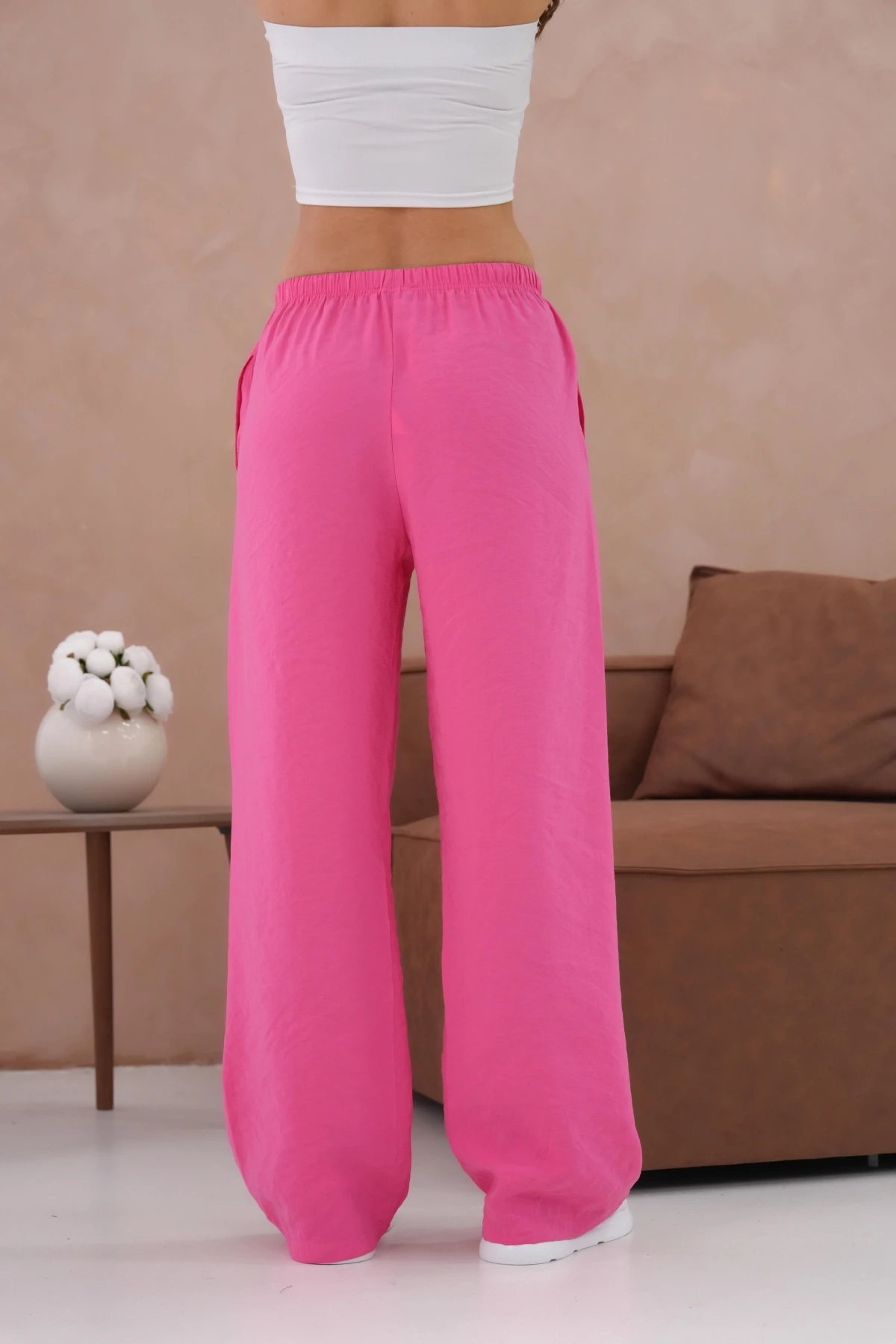 Yüksek Bel Lastikli Bol Paça Palazzo Dokuma Pantolon