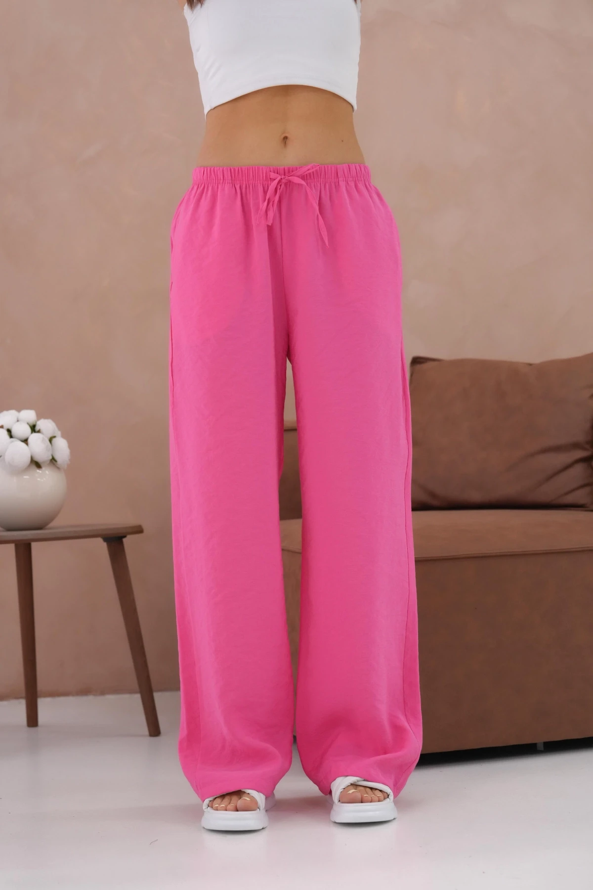 Yüksek Bel Lastikli Bol Paça Palazzo Dokuma Pantolon