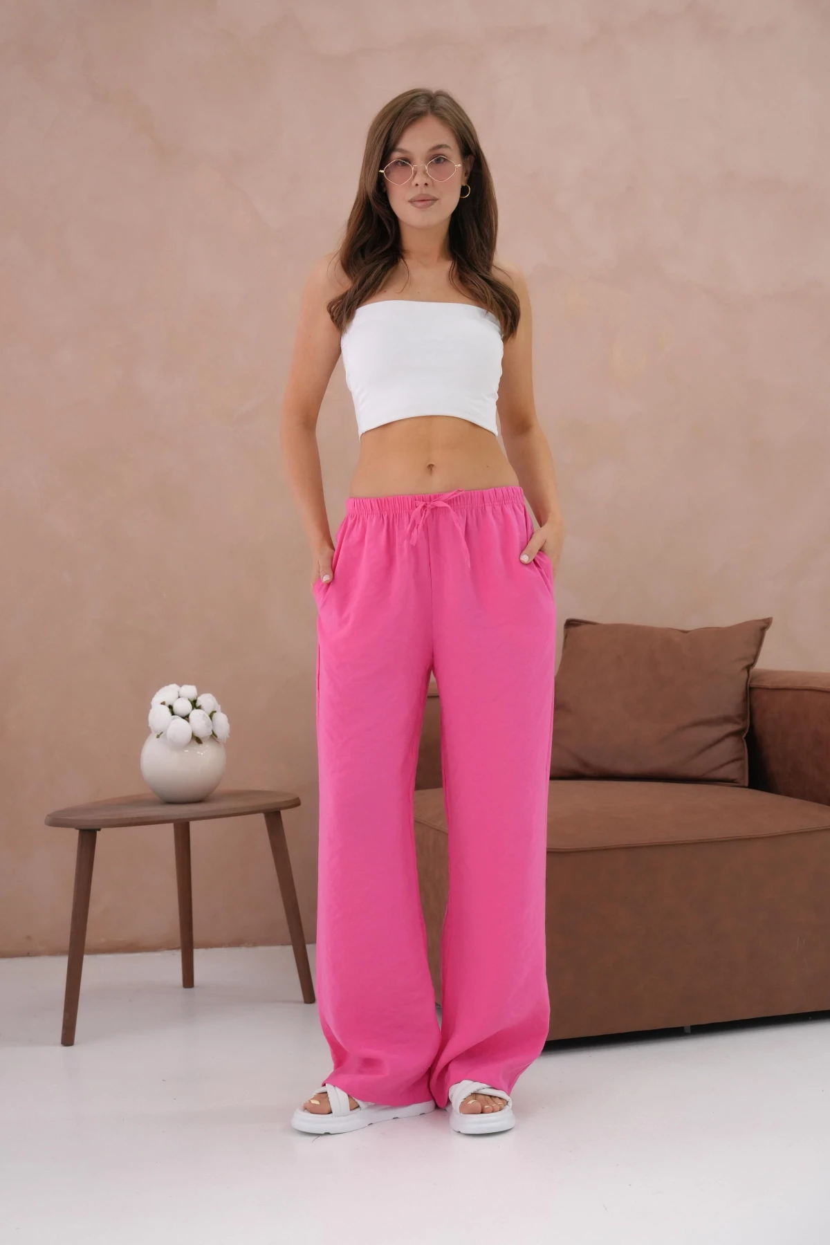 Yüksek Bel Lastikli Bol Paça Palazzo Dokuma Pantolon