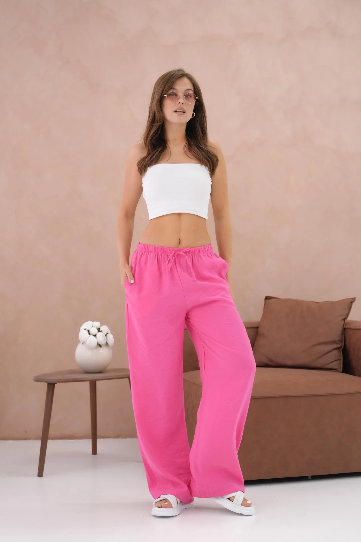 Yüksek Bel Lastikli Bol Paça Palazzo Dokuma Pantolon