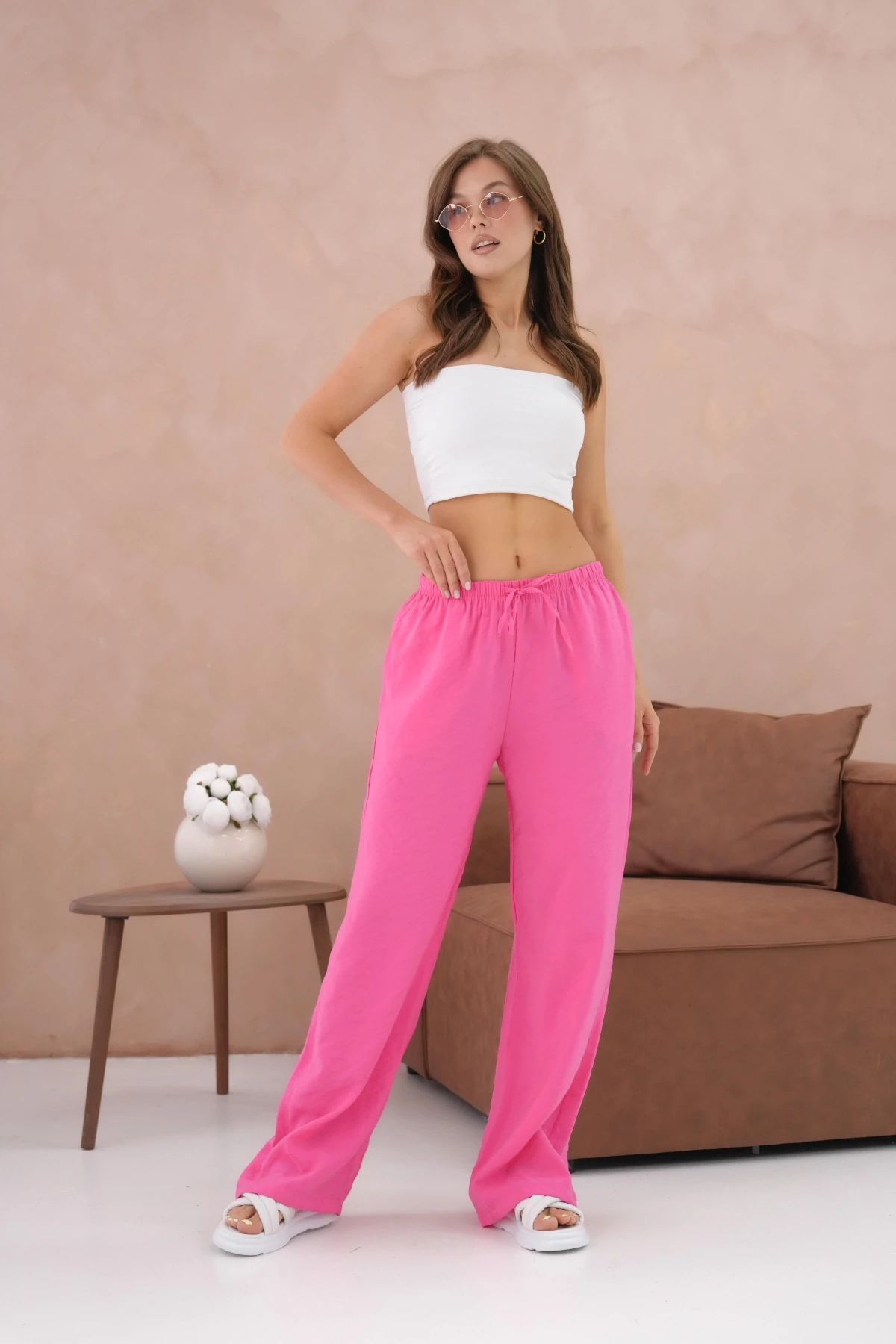 Yüksek Bel Lastikli Bol Paça Palazzo Dokuma Pantolon