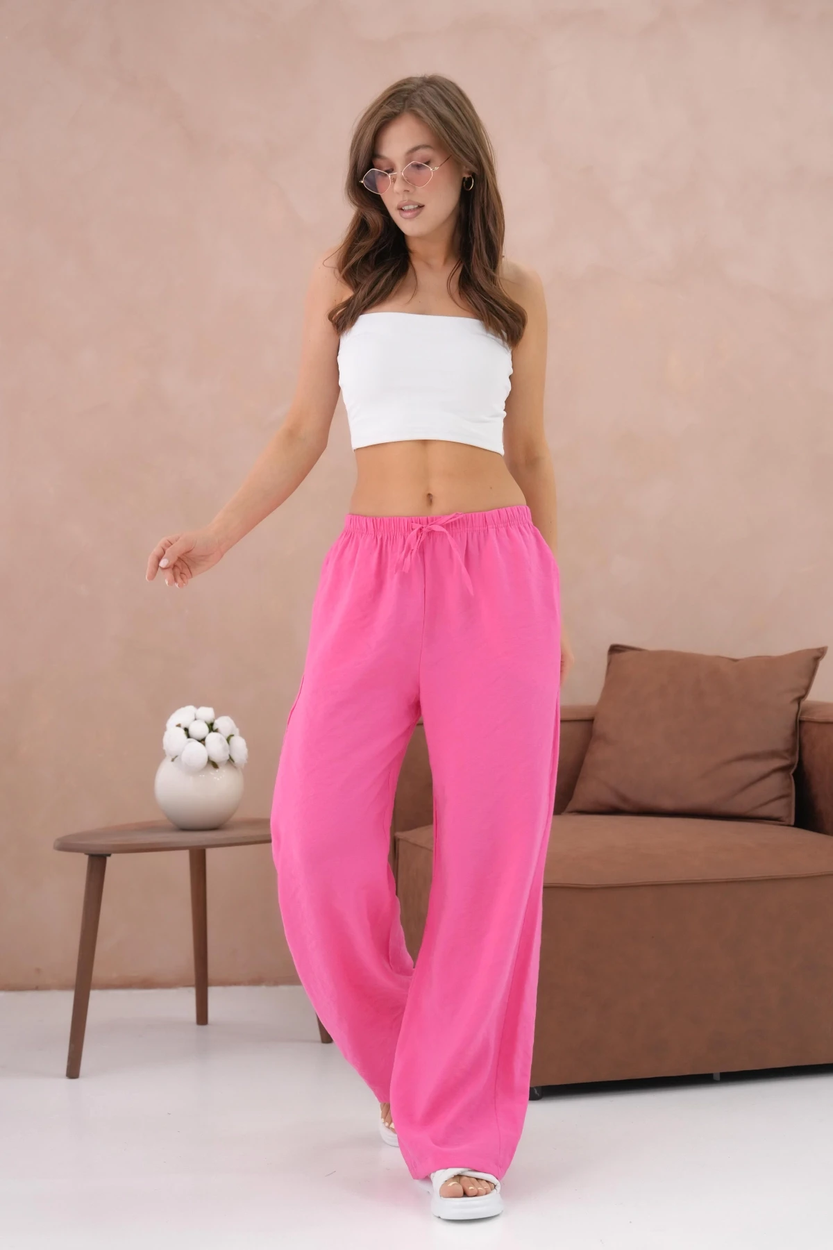 Yüksek Bel Lastikli Bol Paça Palazzo Dokuma Pantolon