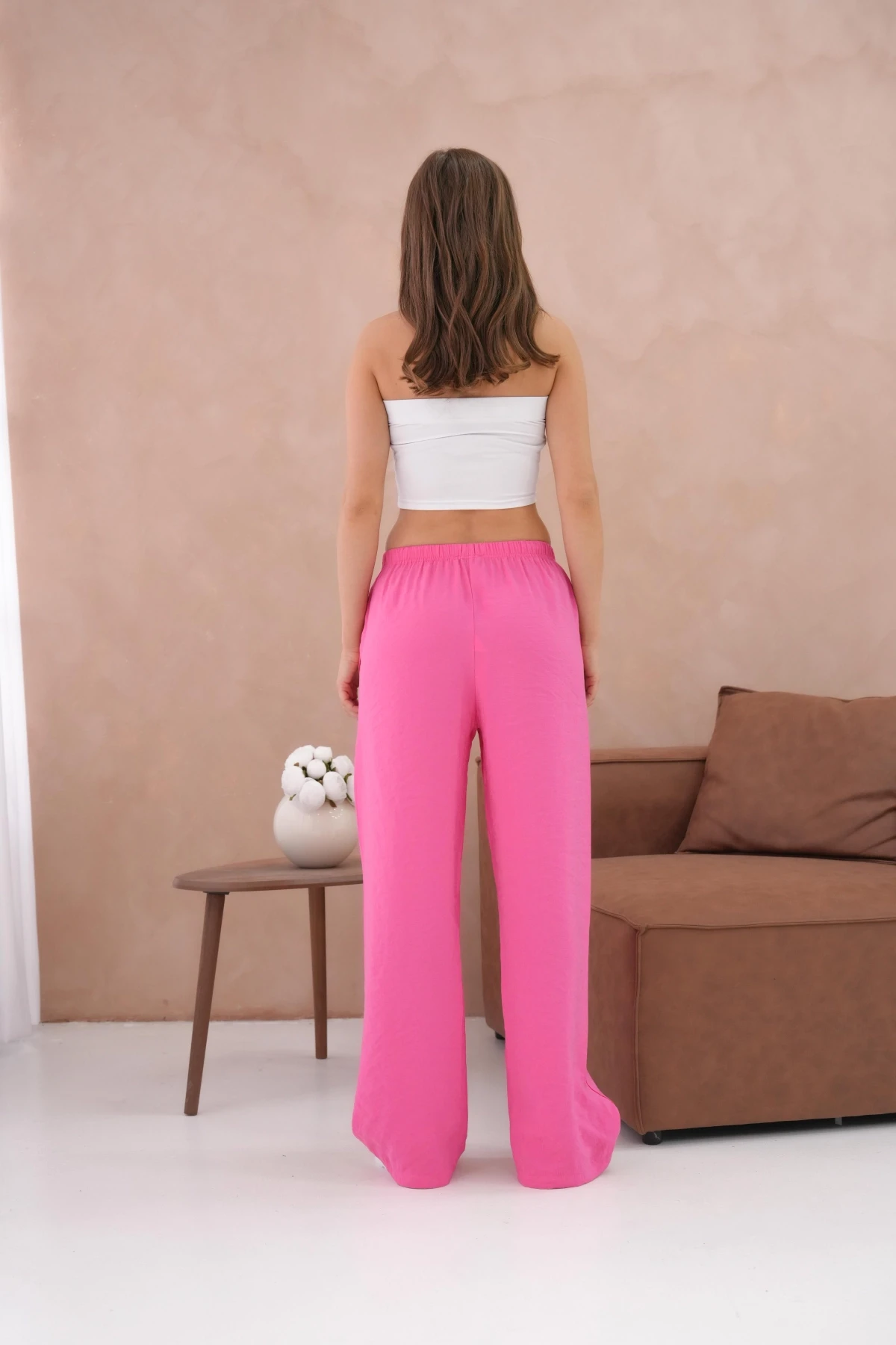 Yüksek Bel Lastikli Bol Paça Palazzo Dokuma Pantolon