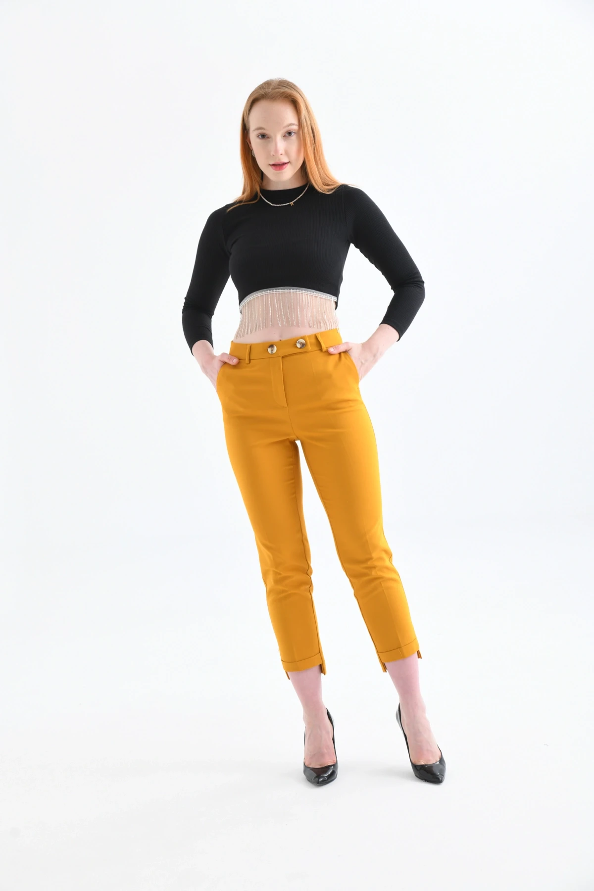 Kadın Hardal Paça Detaylı Kumaş Pantolon