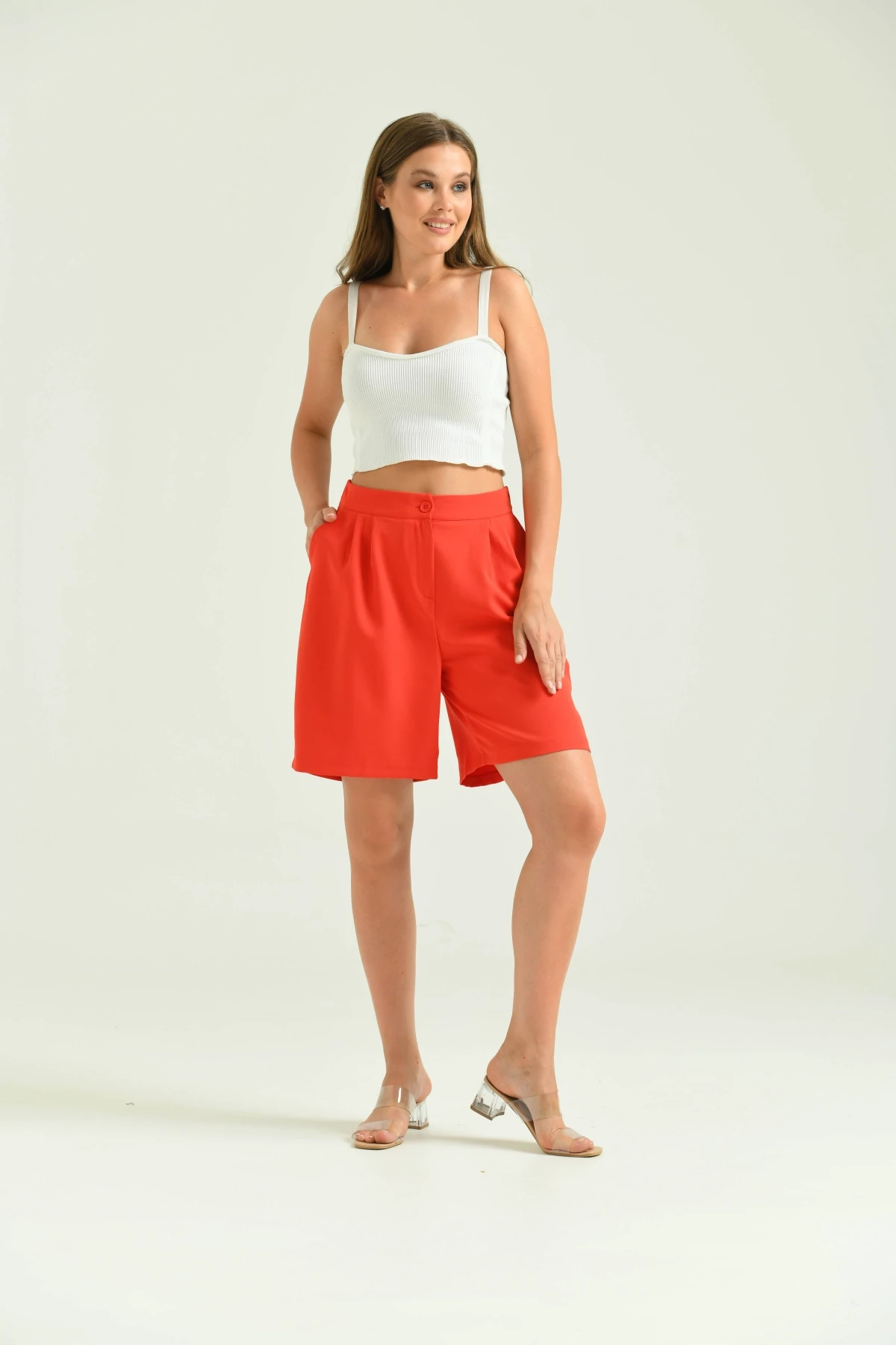 Kadın Nar Uzun Basic Kumaş Şort