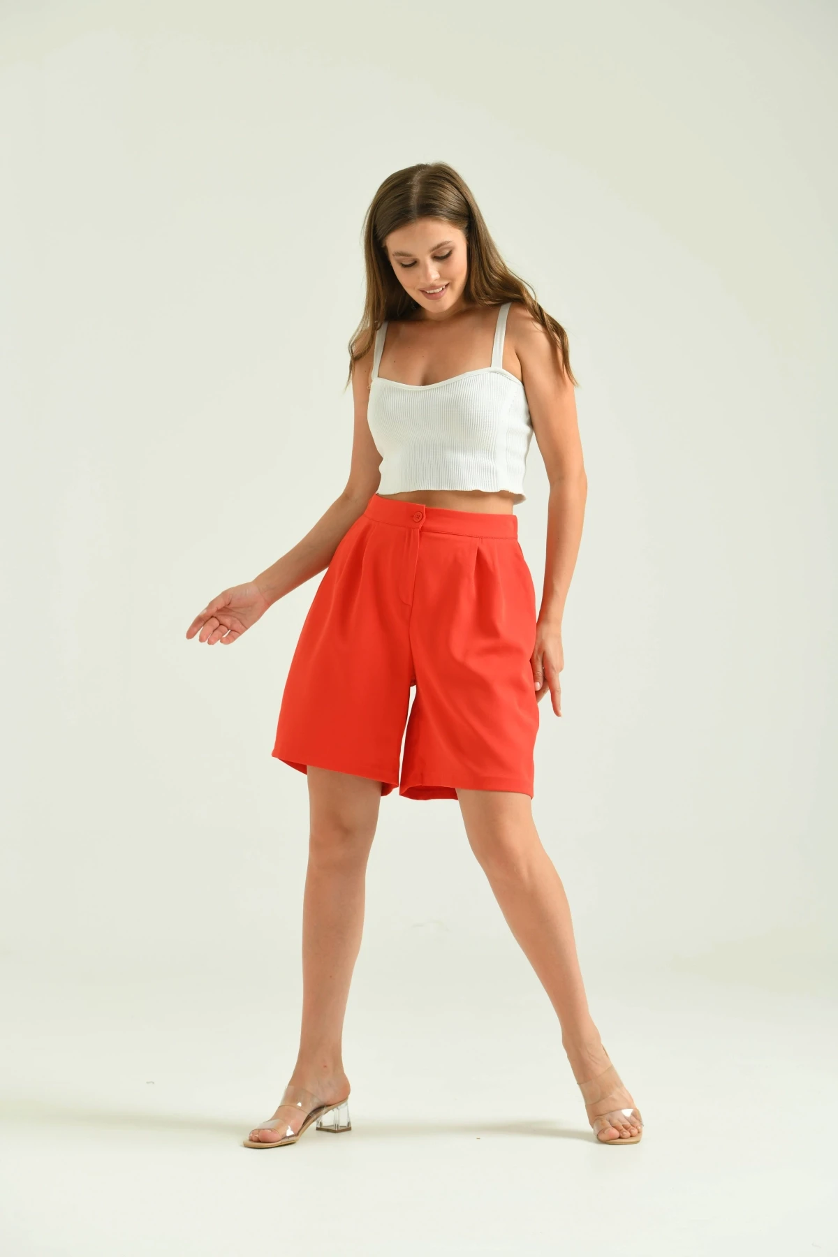 Kadın Nar Uzun Basic Kumaş Şort