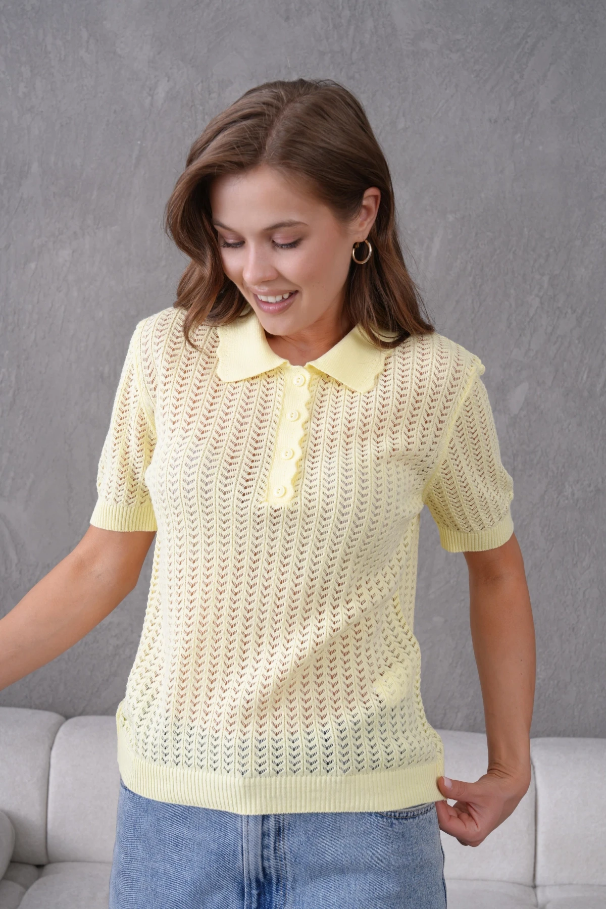 Polo Yaka Ajurlu Kısa Kol Polo Triko Kazak