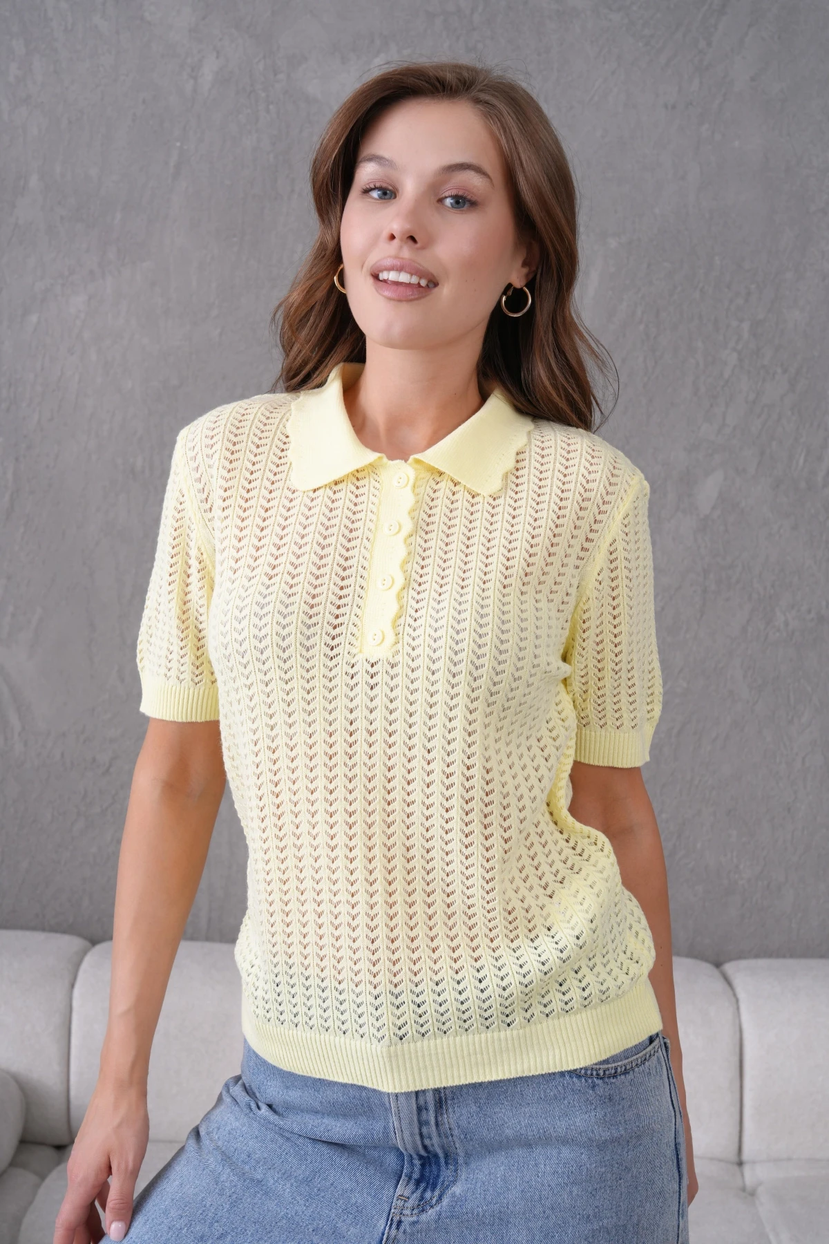 Polo Yaka Ajurlu Kısa Kol Polo Triko Kazak