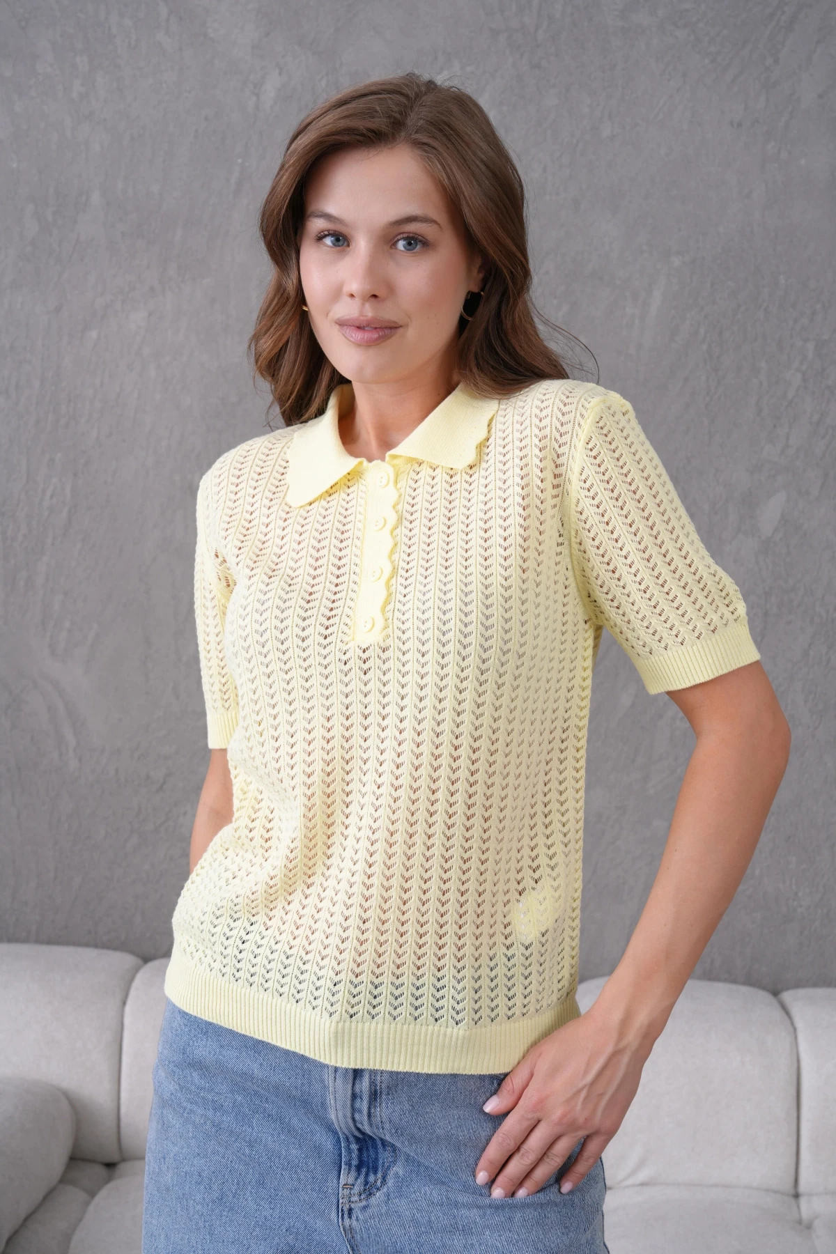 Polo Yaka Ajurlu Kısa Kol Polo Triko Kazak