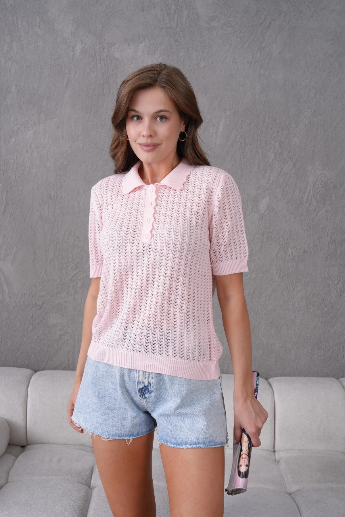 Polo Yaka Ajurlu Kısa Kol Polo Triko Kazak