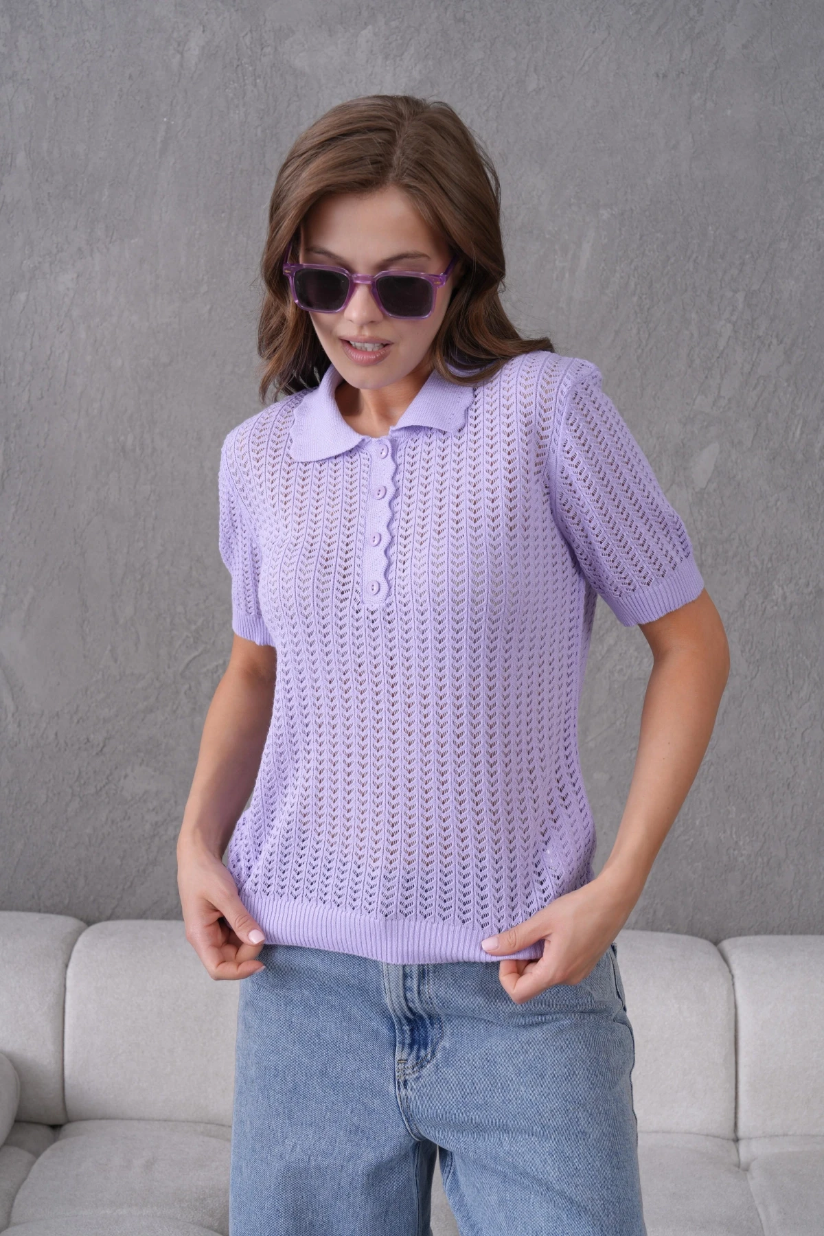 Polo Yaka Ajurlu Kısa Kol Polo Triko Kazak