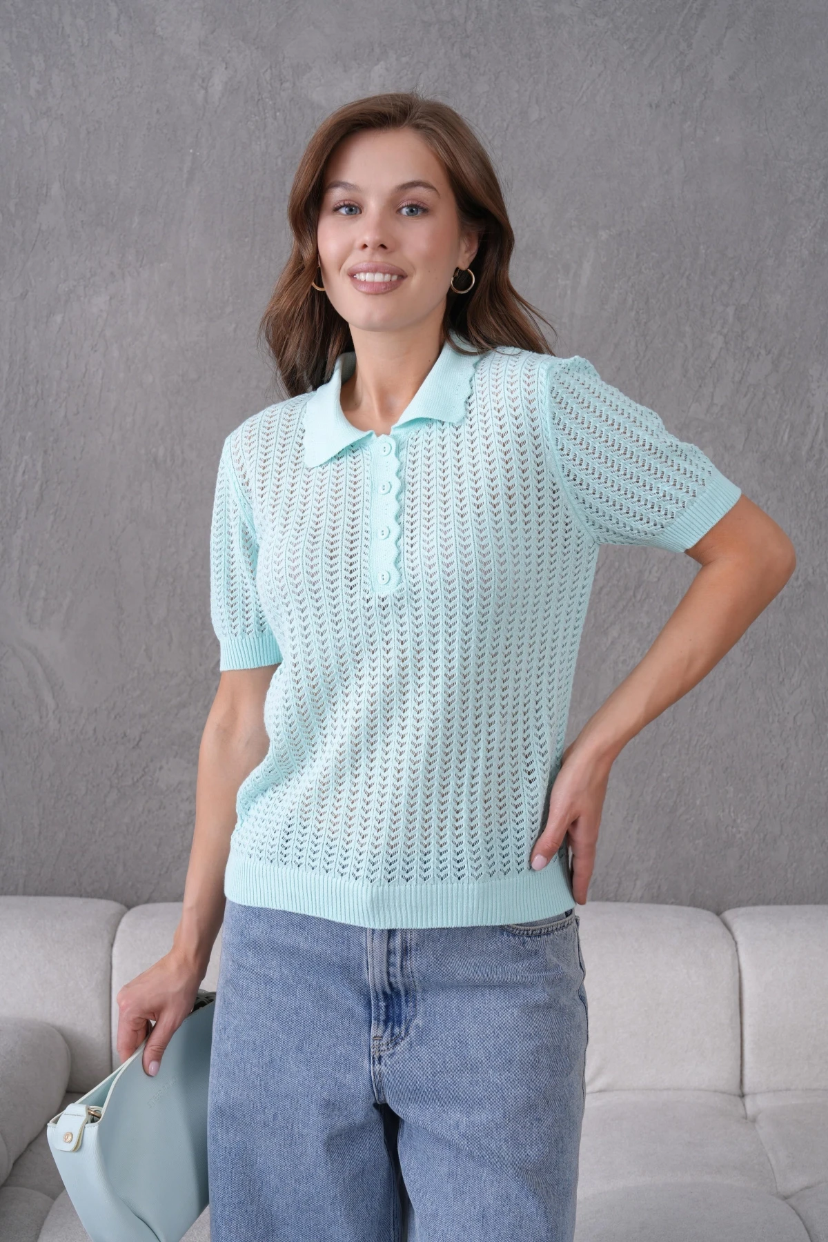 Polo Yaka Ajurlu Kısa Kol Polo Triko Kazak