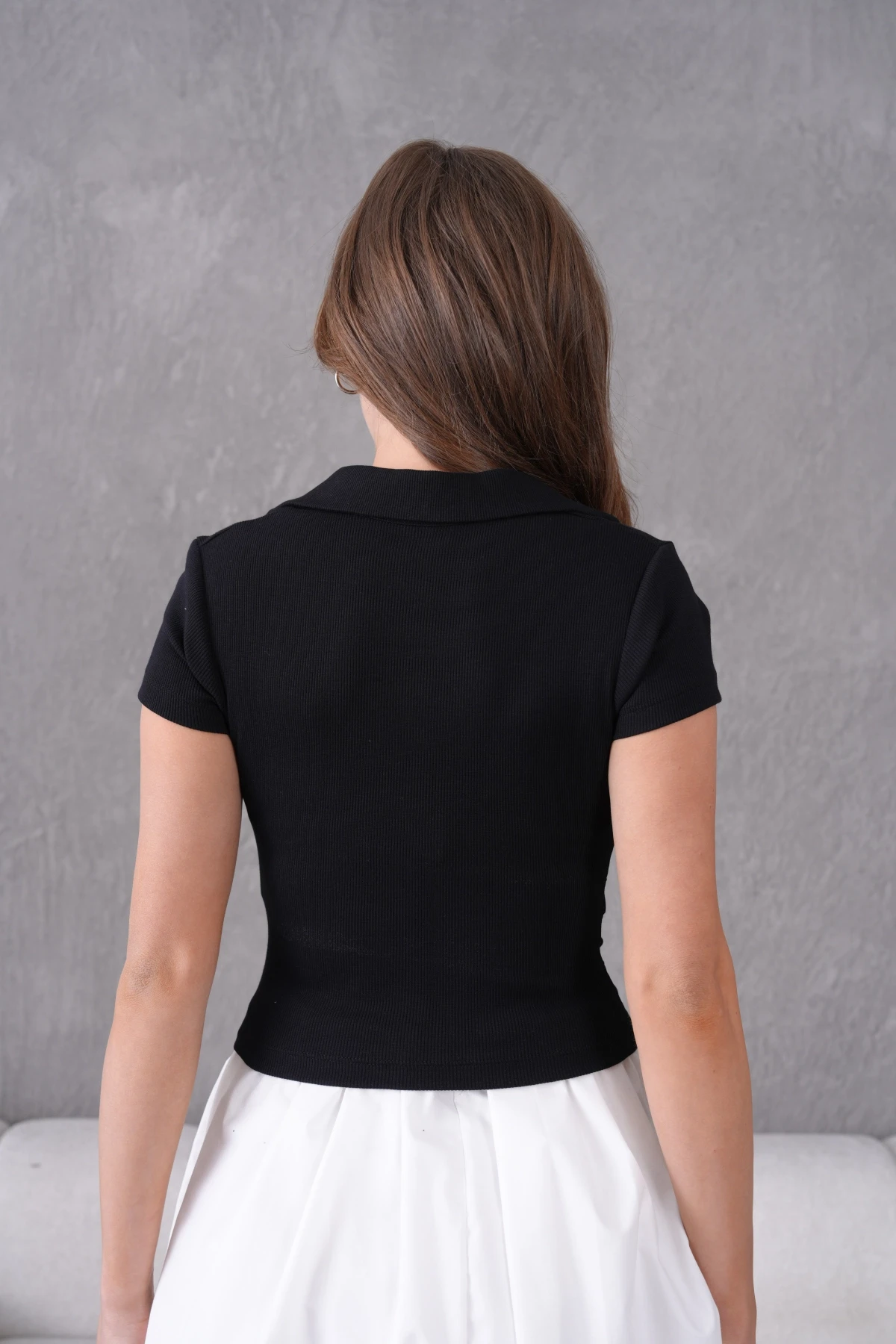 Polo Yaka Büzgü Detay Kısa Kol Slim Fit Kaşkorse Basic T-Shirt