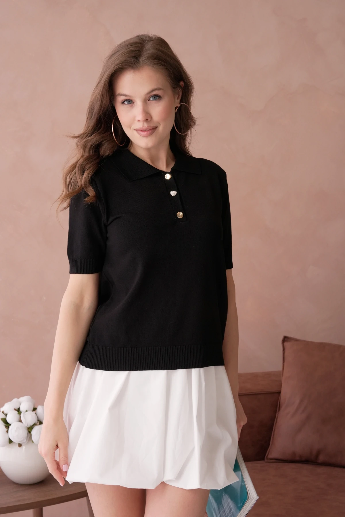 Polo Yaka Düğme Detaylı Triko Kazak