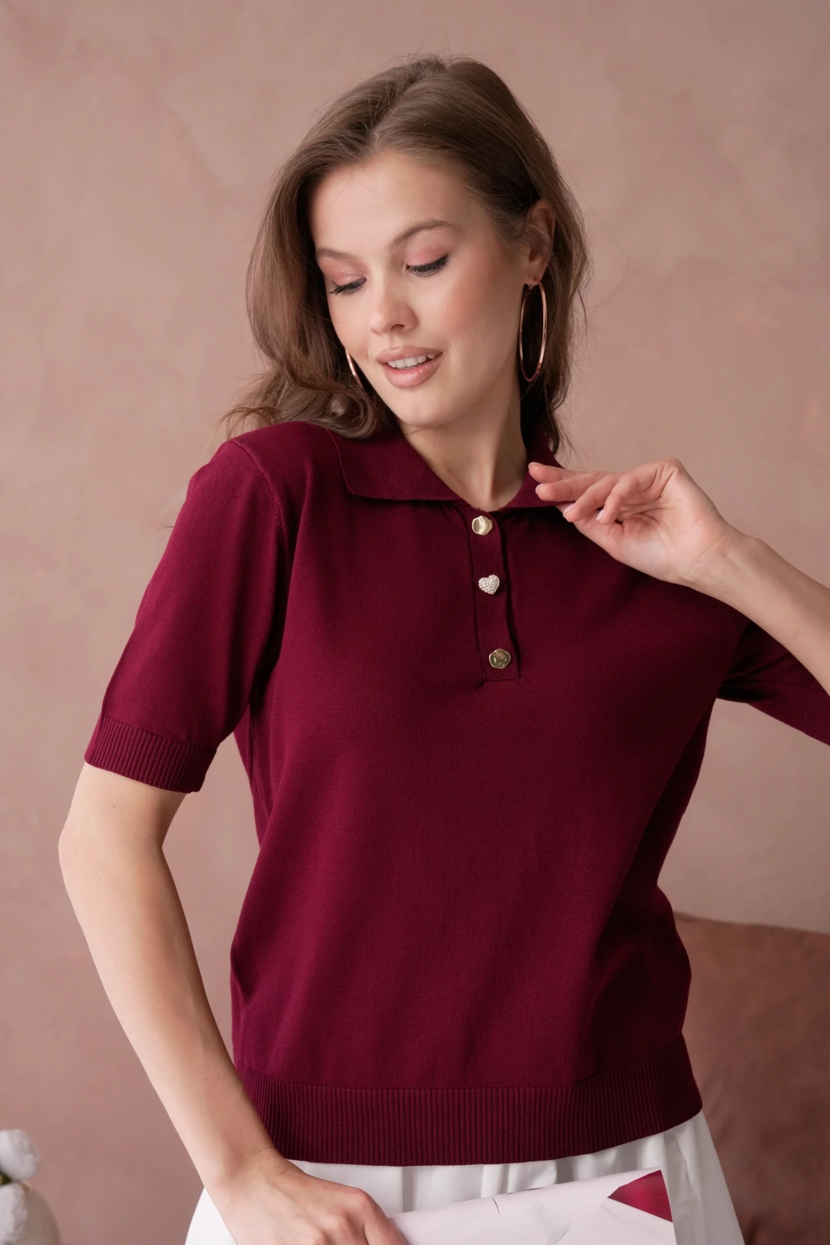 Polo Yaka Düğme Detaylı Triko Kazak