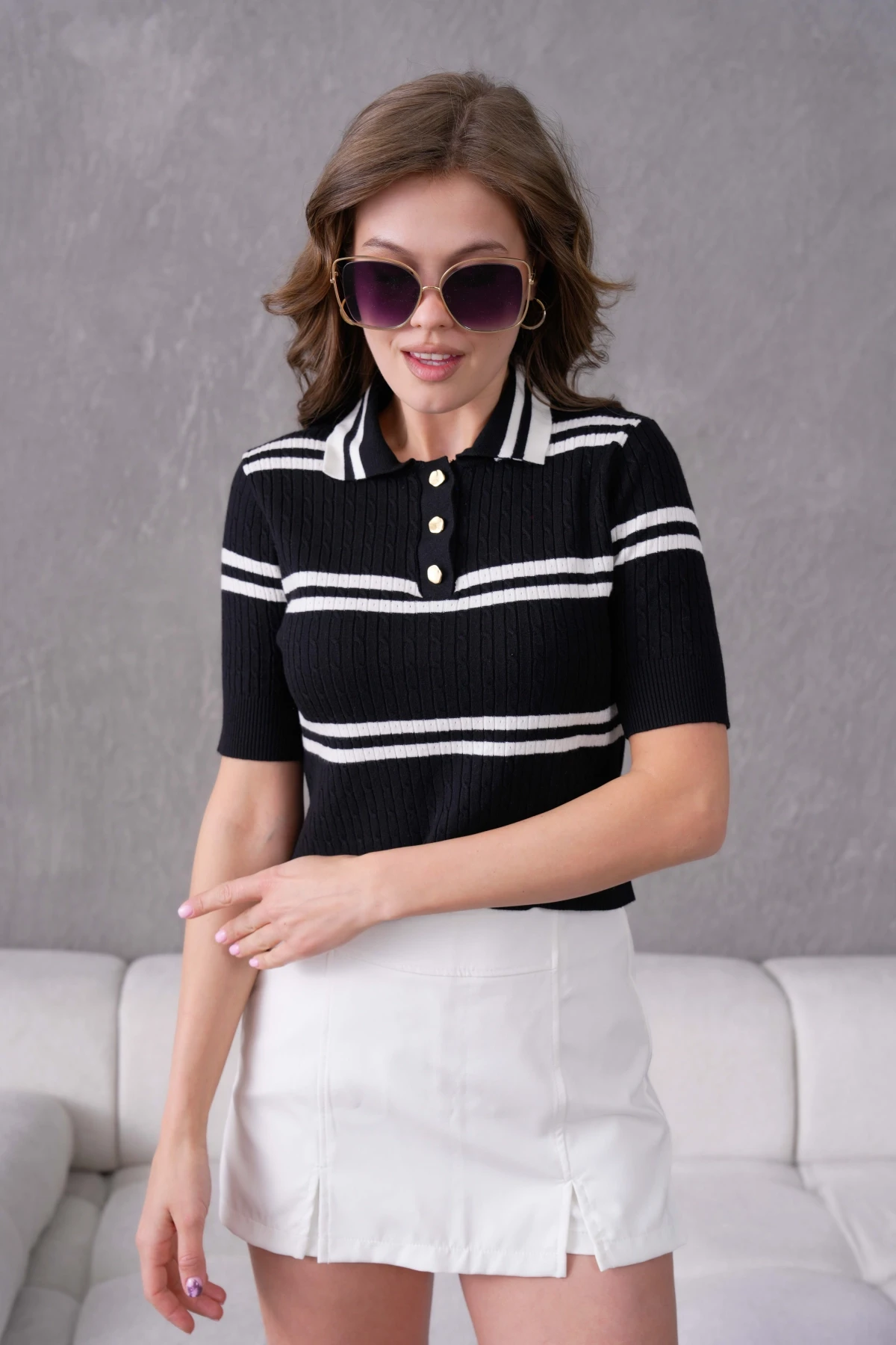 Kısa Kol Çizgili Viscon Triko Kazak