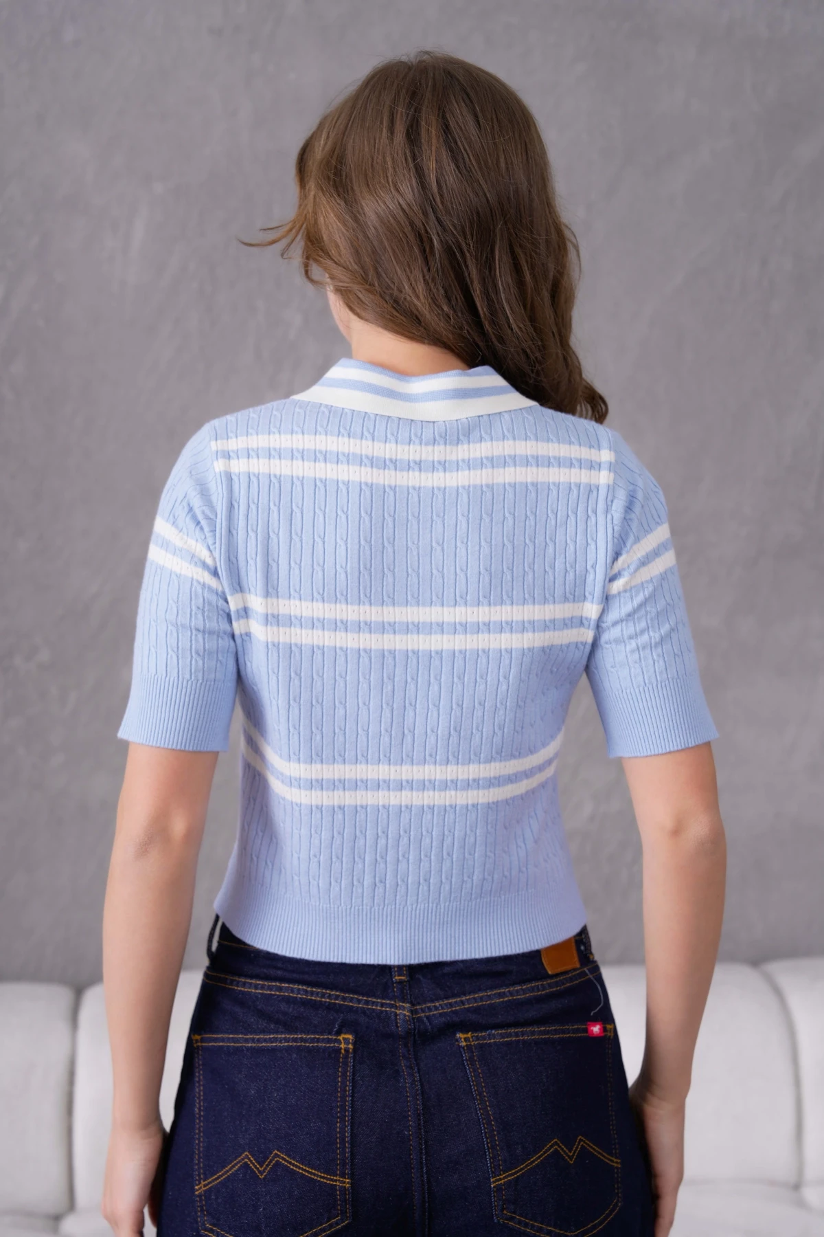 Kısa Kol Çizgili Viscon Triko Kazak