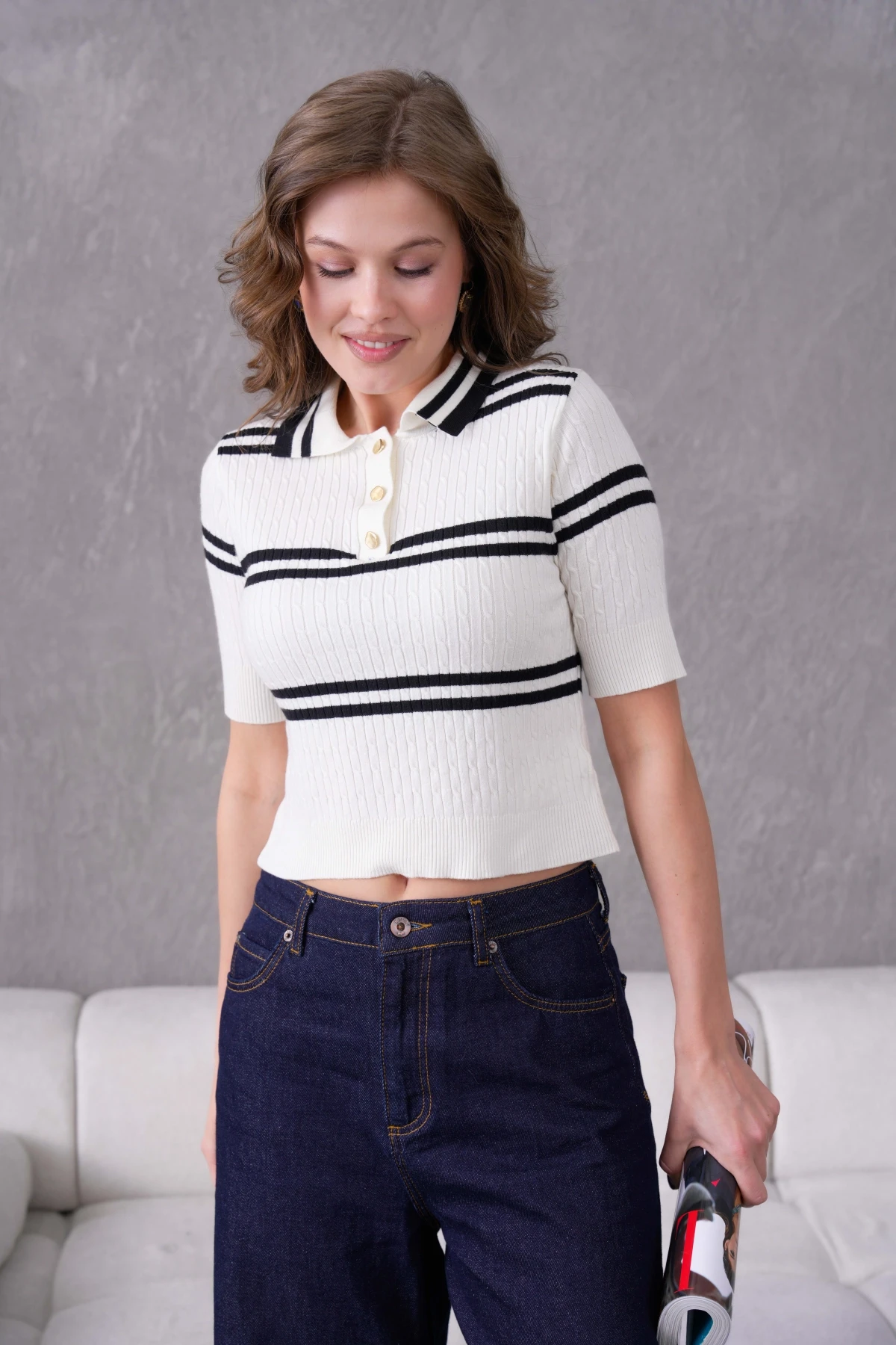 Kısa Kol Çizgili Viscon Triko Kazak