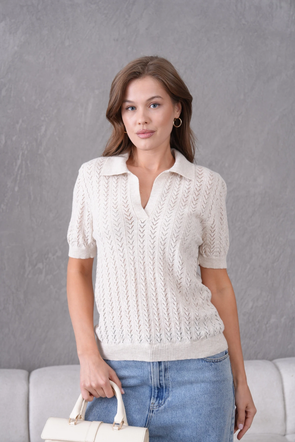 Polo Yaka Kısa Kol Ajurlu Polo Triko Kazak