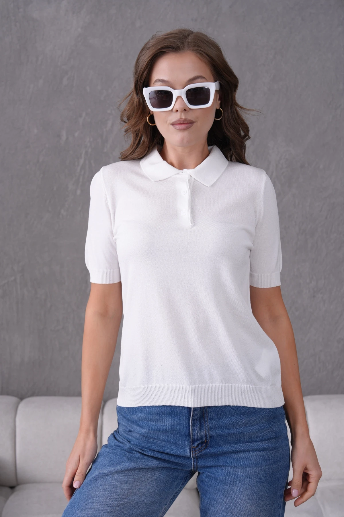 Polo Yaka Kısa Kol Merserize Triko Kazak