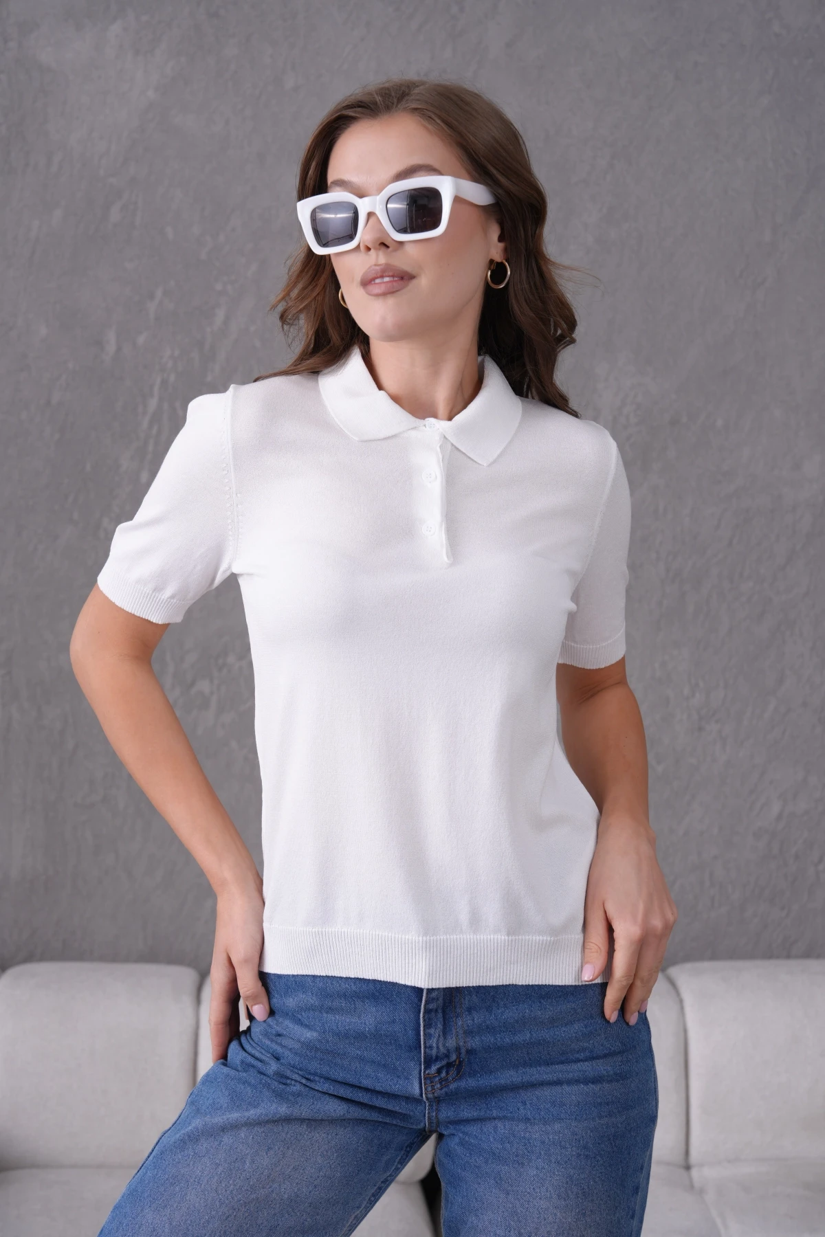 Polo Yaka Kısa Kol Merserize Triko Kazak