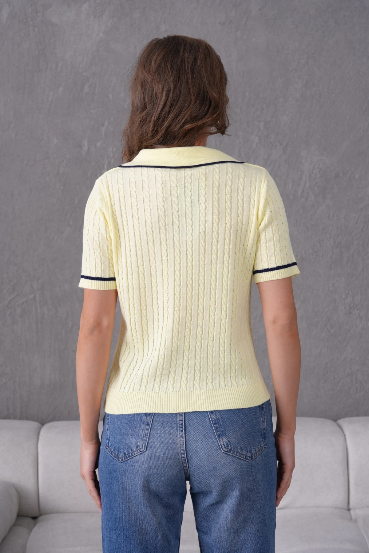 Polo Yaka Saç Örgü Kısa Kol Triko Kazak