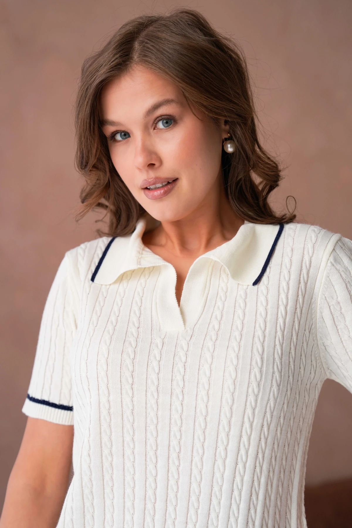 Polo Yaka Saç Örgü Kısa Kol Triko Kazak