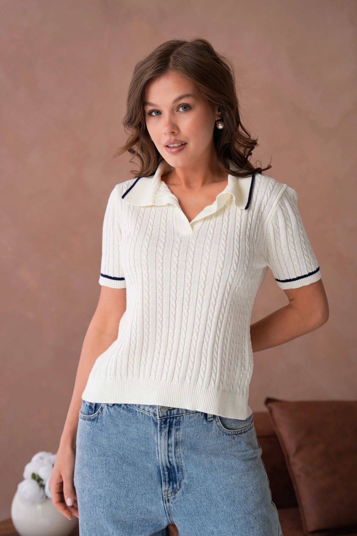 Polo Yaka Saç Örgü Kısa Kol Triko Kazak