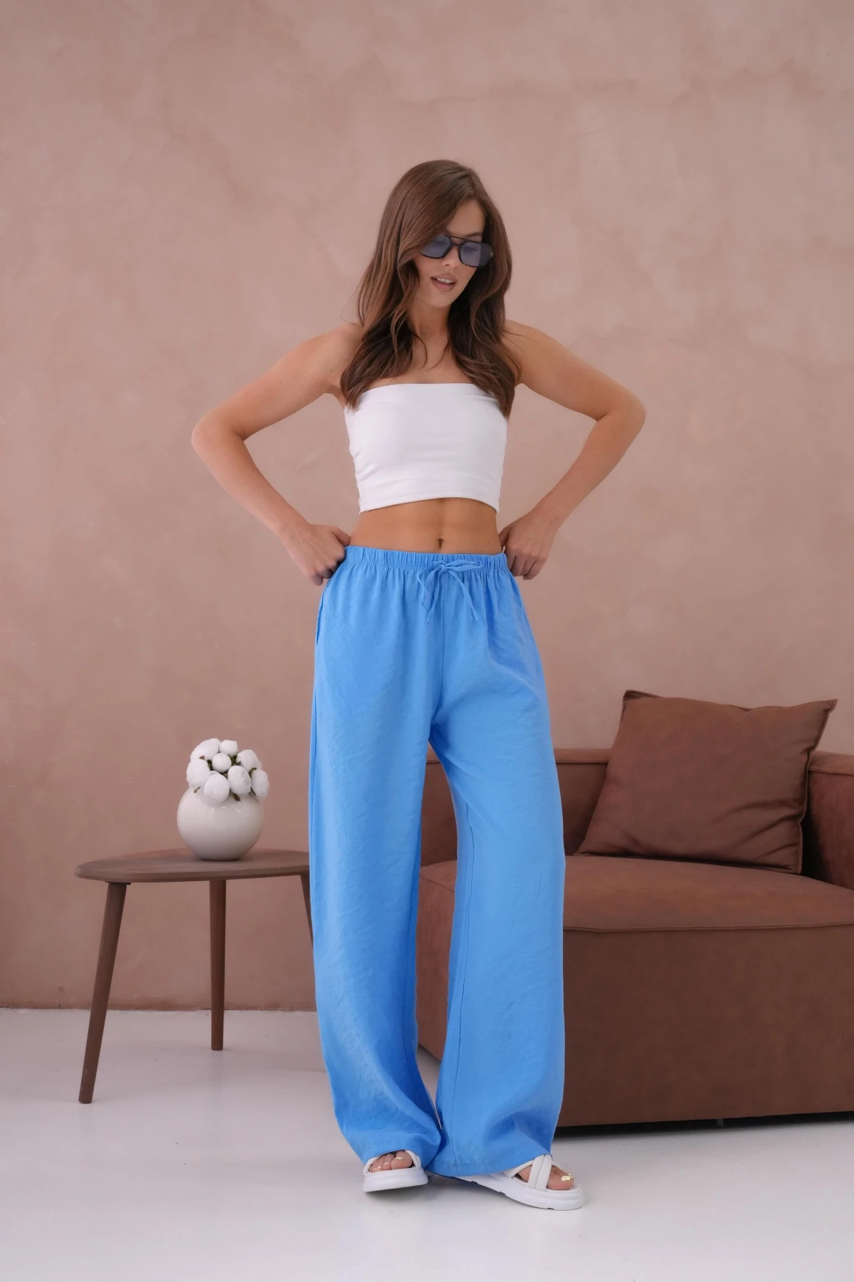 Yüksek Bel Lastikli Bol Paça Palazzo Dokuma Pantolon