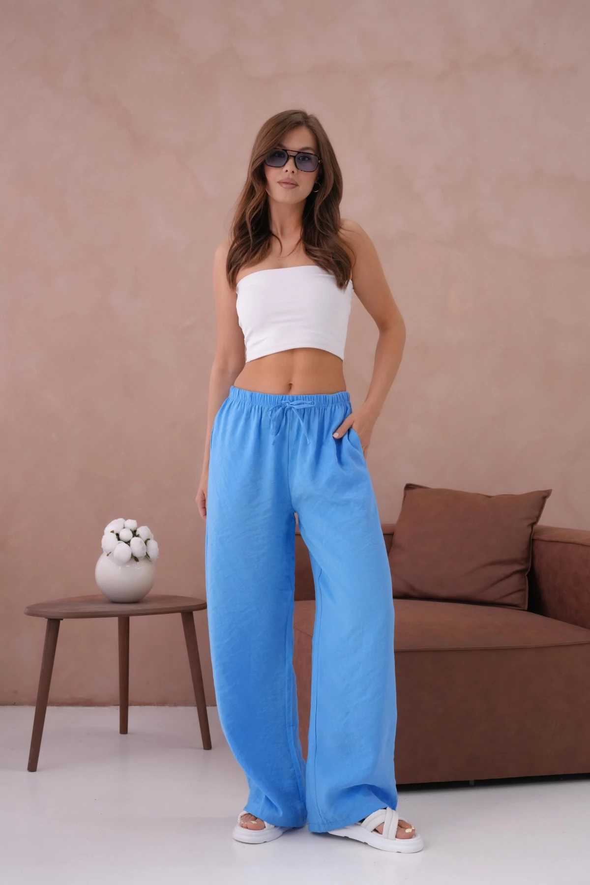 Yüksek Bel Lastikli Bol Paça Palazzo Dokuma Pantolon