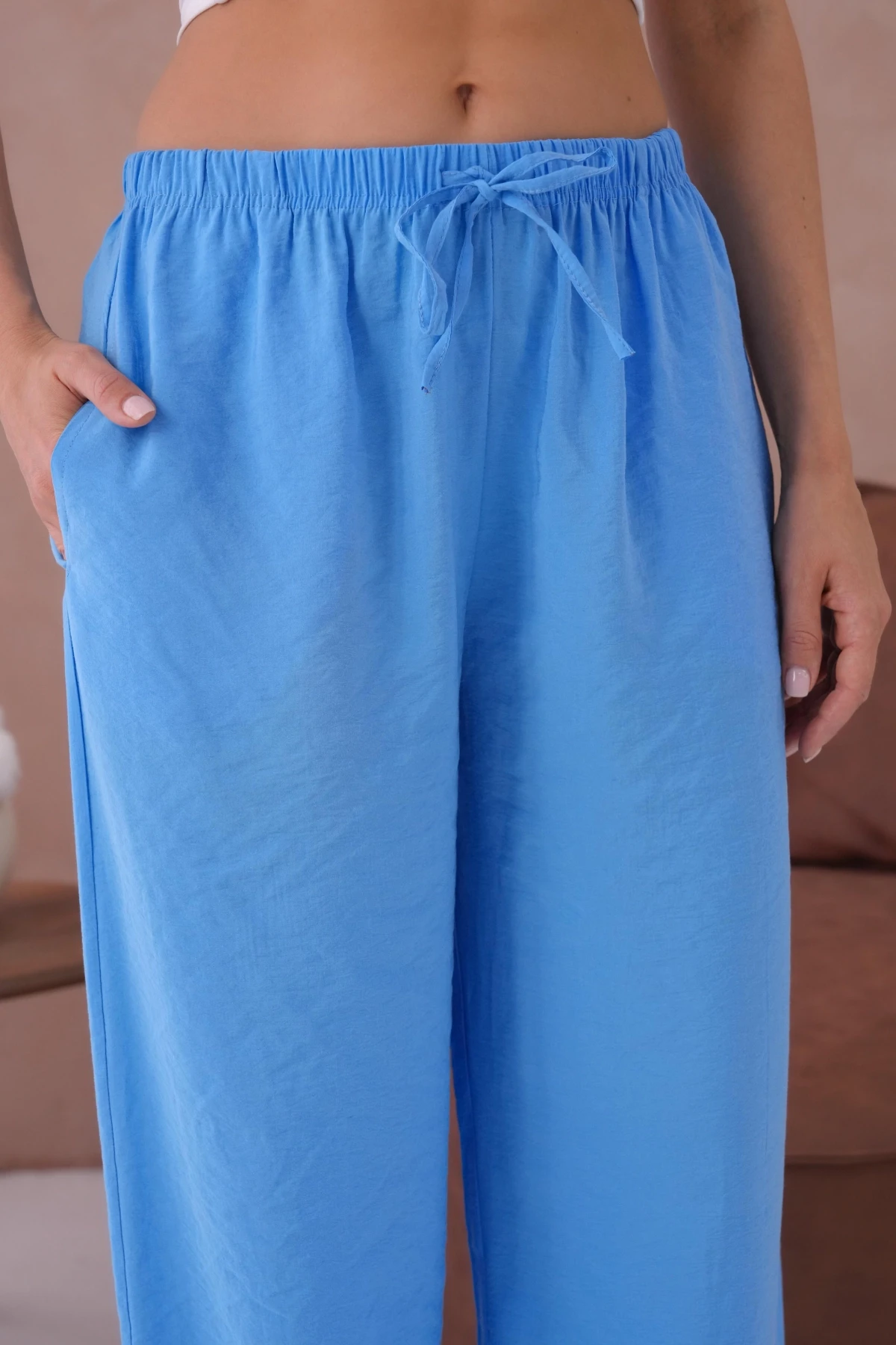 Yüksek Bel Lastikli Bol Paça Palazzo Dokuma Pantolon