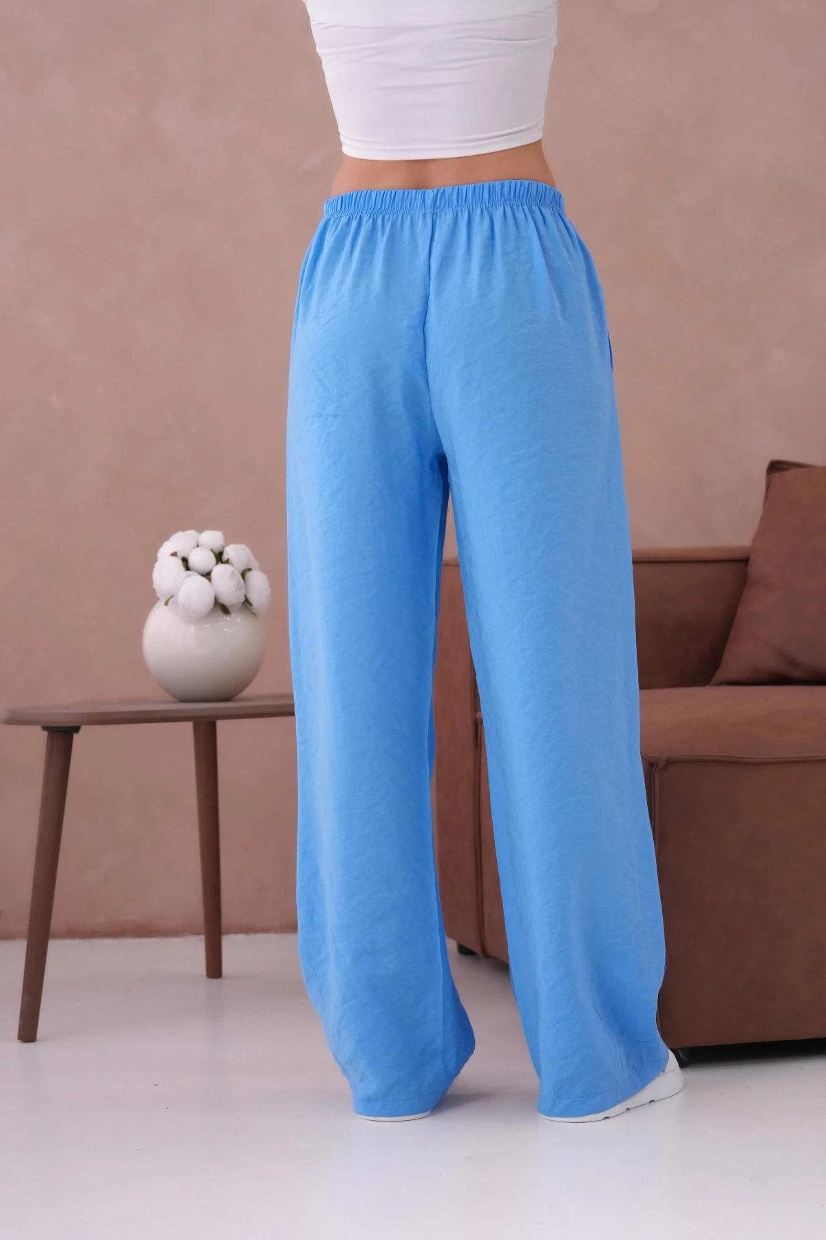 Yüksek Bel Lastikli Bol Paça Palazzo Dokuma Pantolon