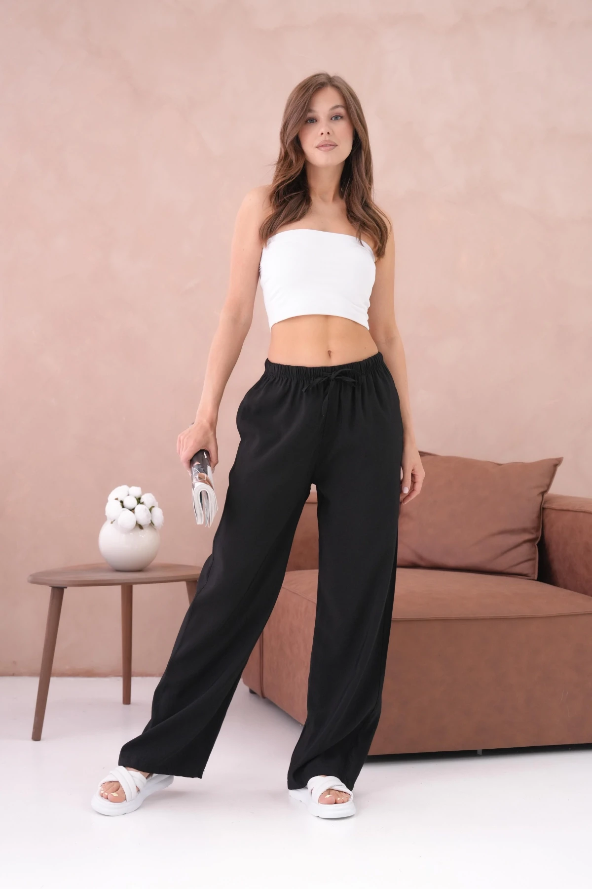 Yüksek Bel Lastikli Bol Paça Palazzo Dokuma Pantolon