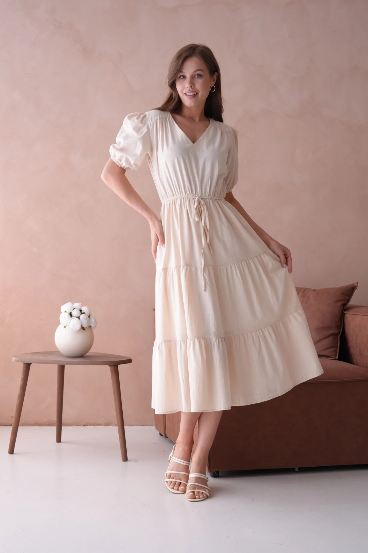 Astarlı Kısa Kol Lastikli Yazlık Elbise