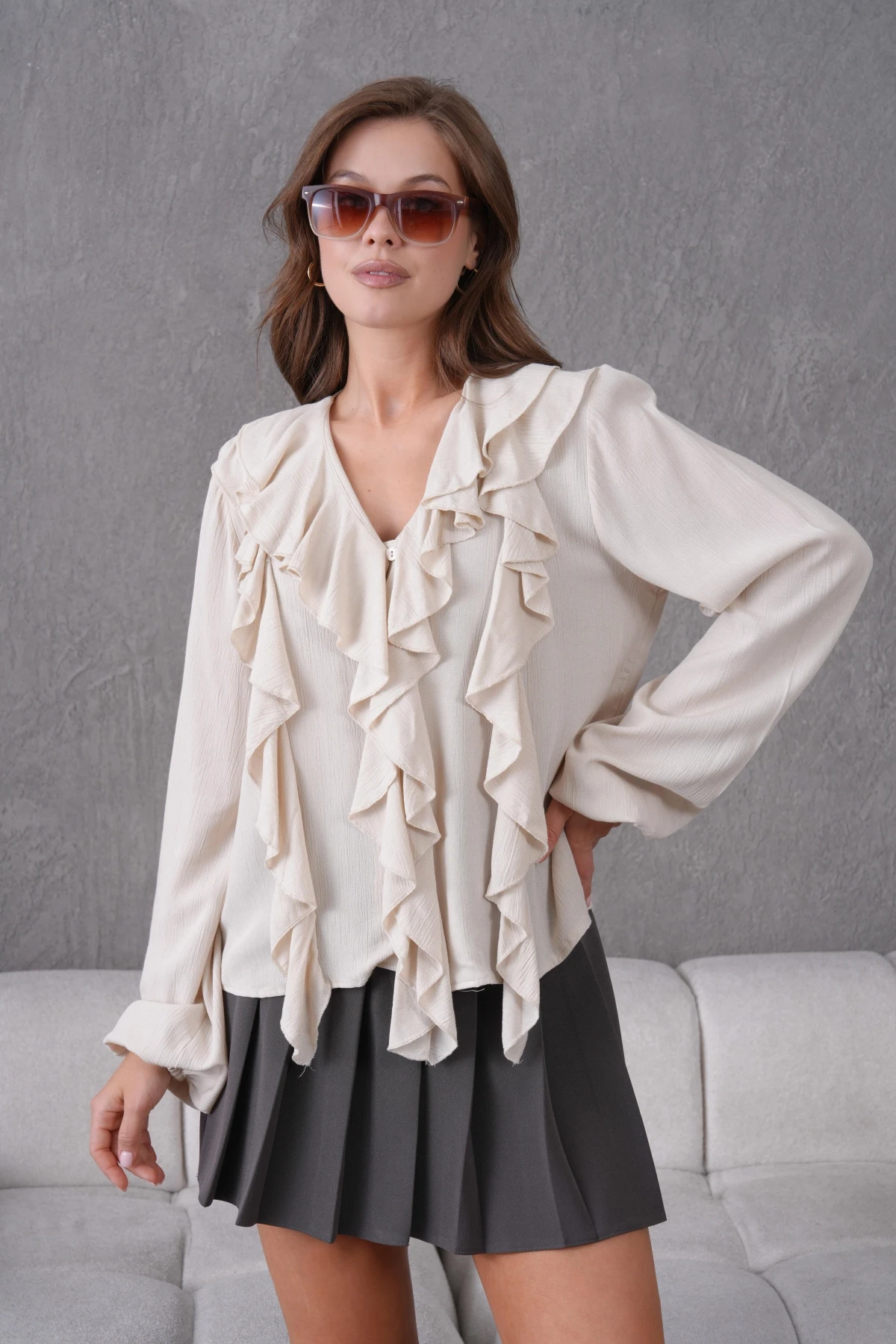 Uzun Kol Kırinkıl Yazlık Dokuma Bluz