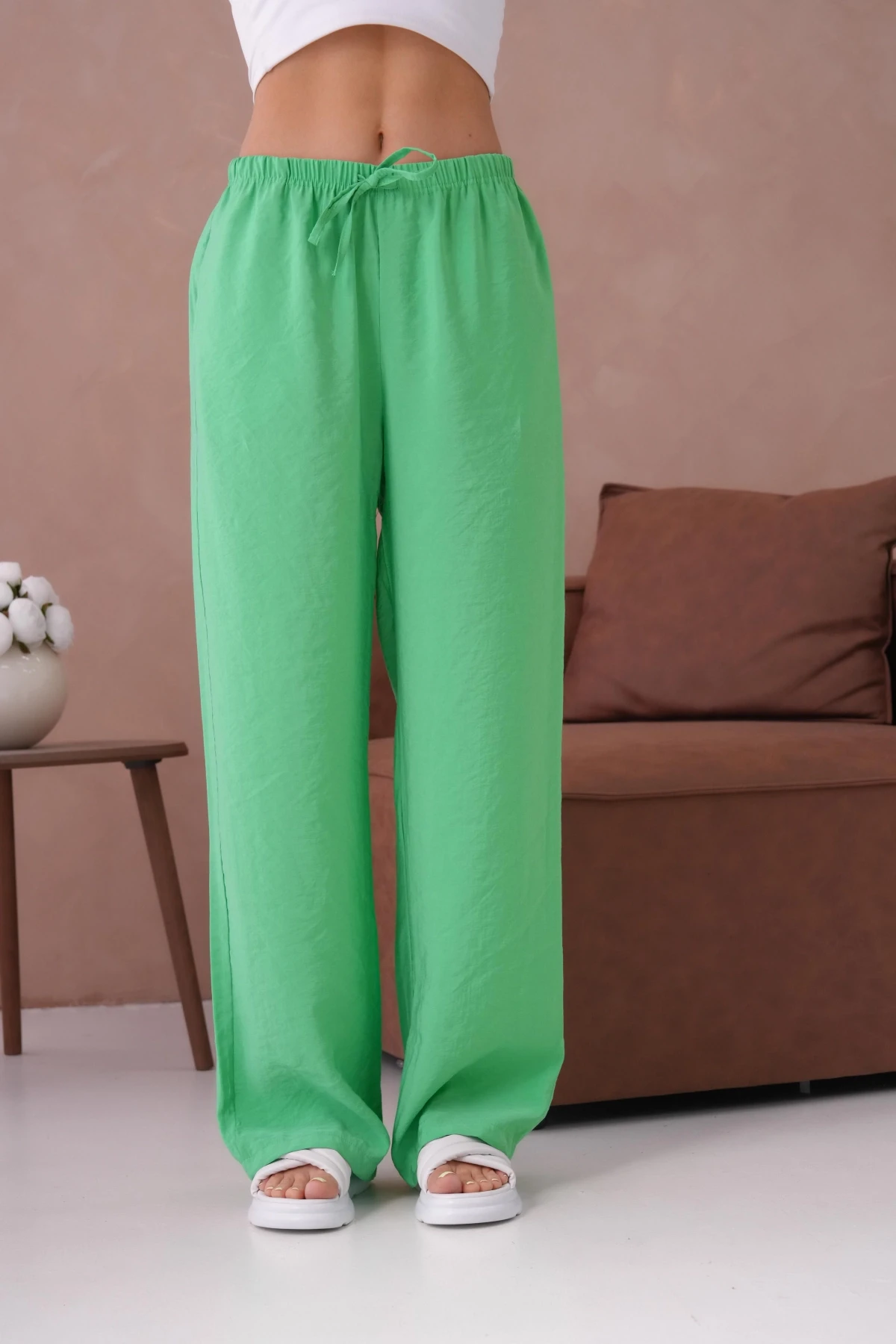 Yüksek Bel Lastikli Bol Paça Palazzo Dokuma Pantolon